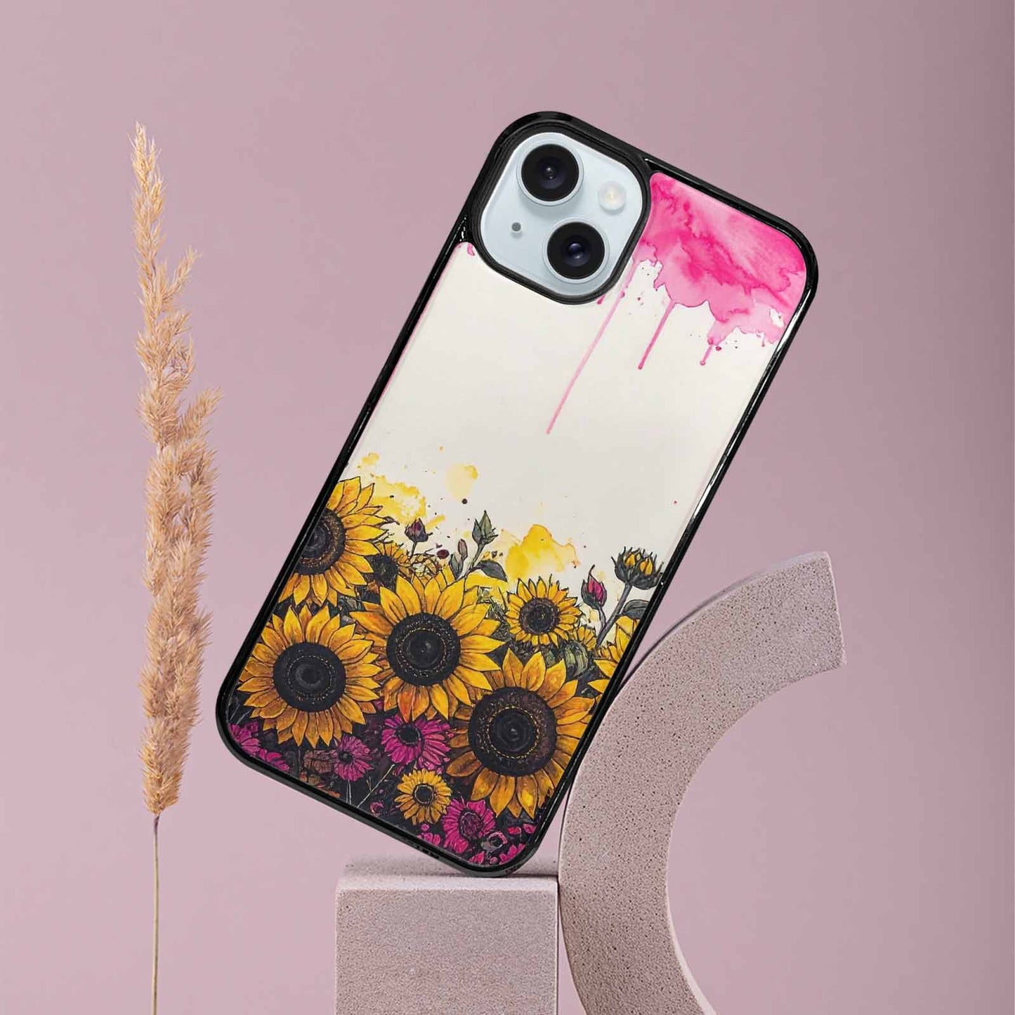iPhone 15 Plus Case — Sunflower Burst Black Pink Ink Sunflowers, Custom Art Phone Cover