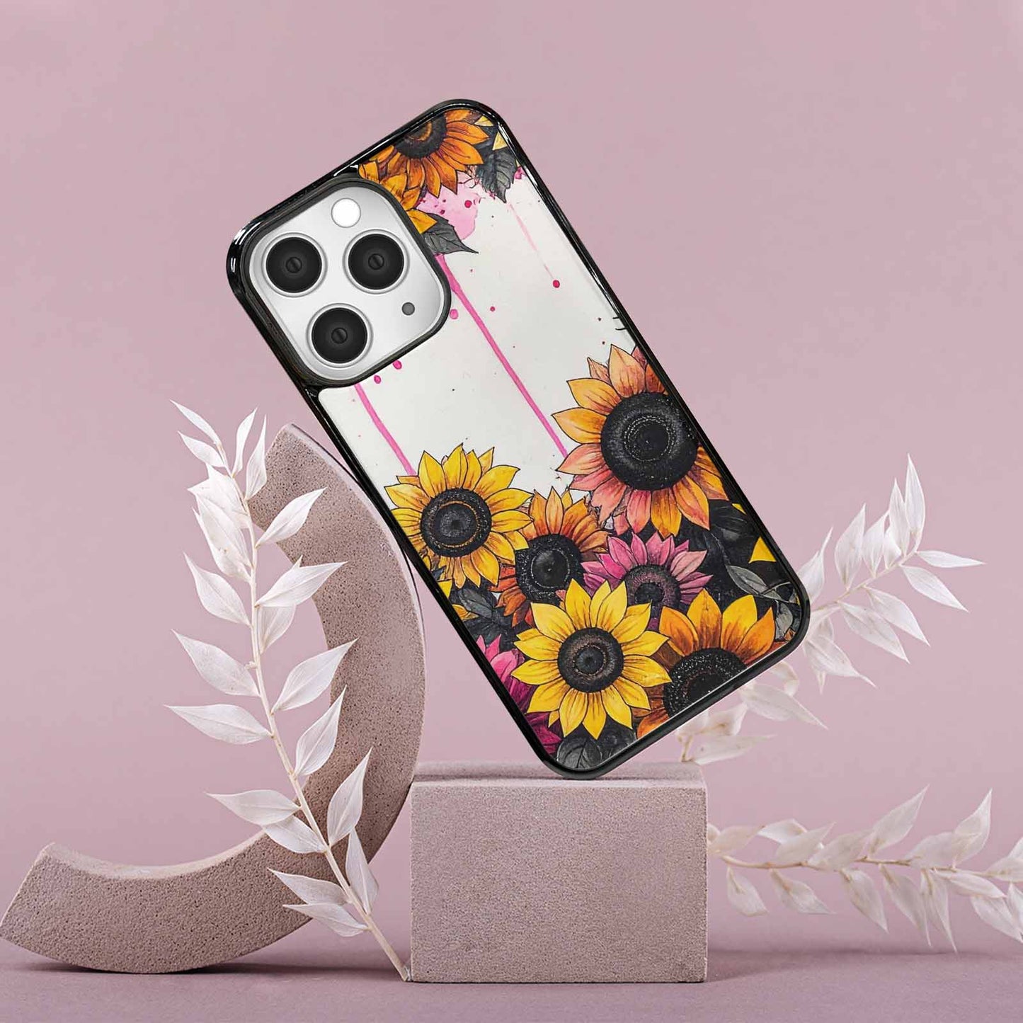 iPhone 15 Pro Max Case — Sunflower Burst Black Pink Ink Sunflowers, Personalized Phone Case