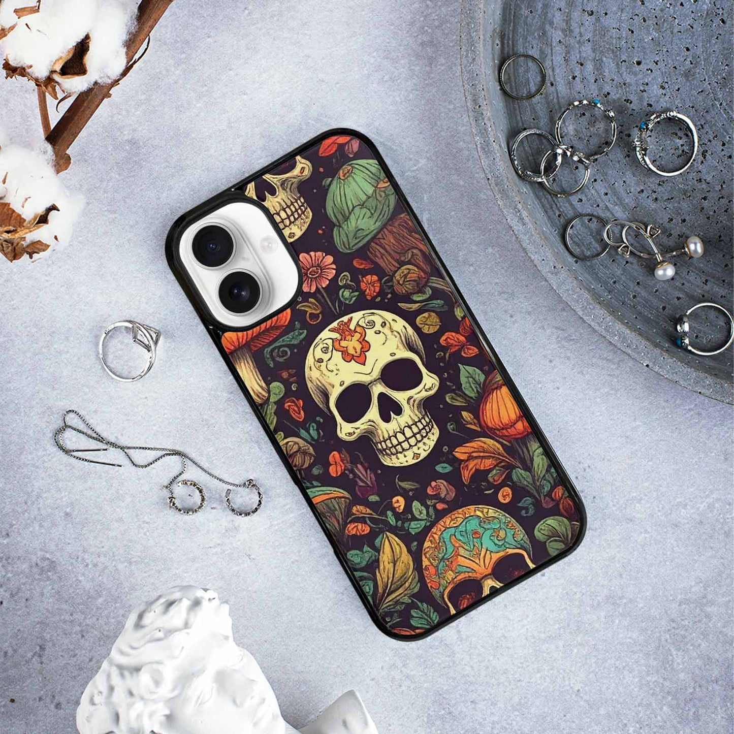 iPhone 16 Plus Case — Mushrooms And Skulls, Custom Printed Phone Case