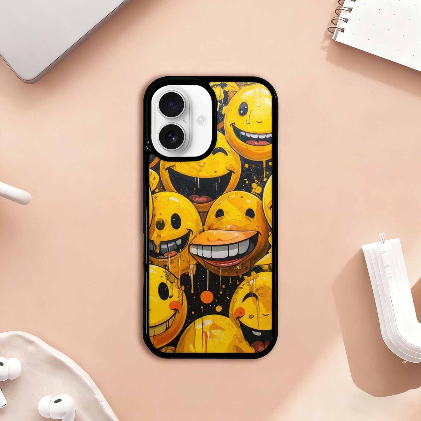 iPhone 17 Case — Melting Moon Smiley Yellow Original Art, Custom Phone Case