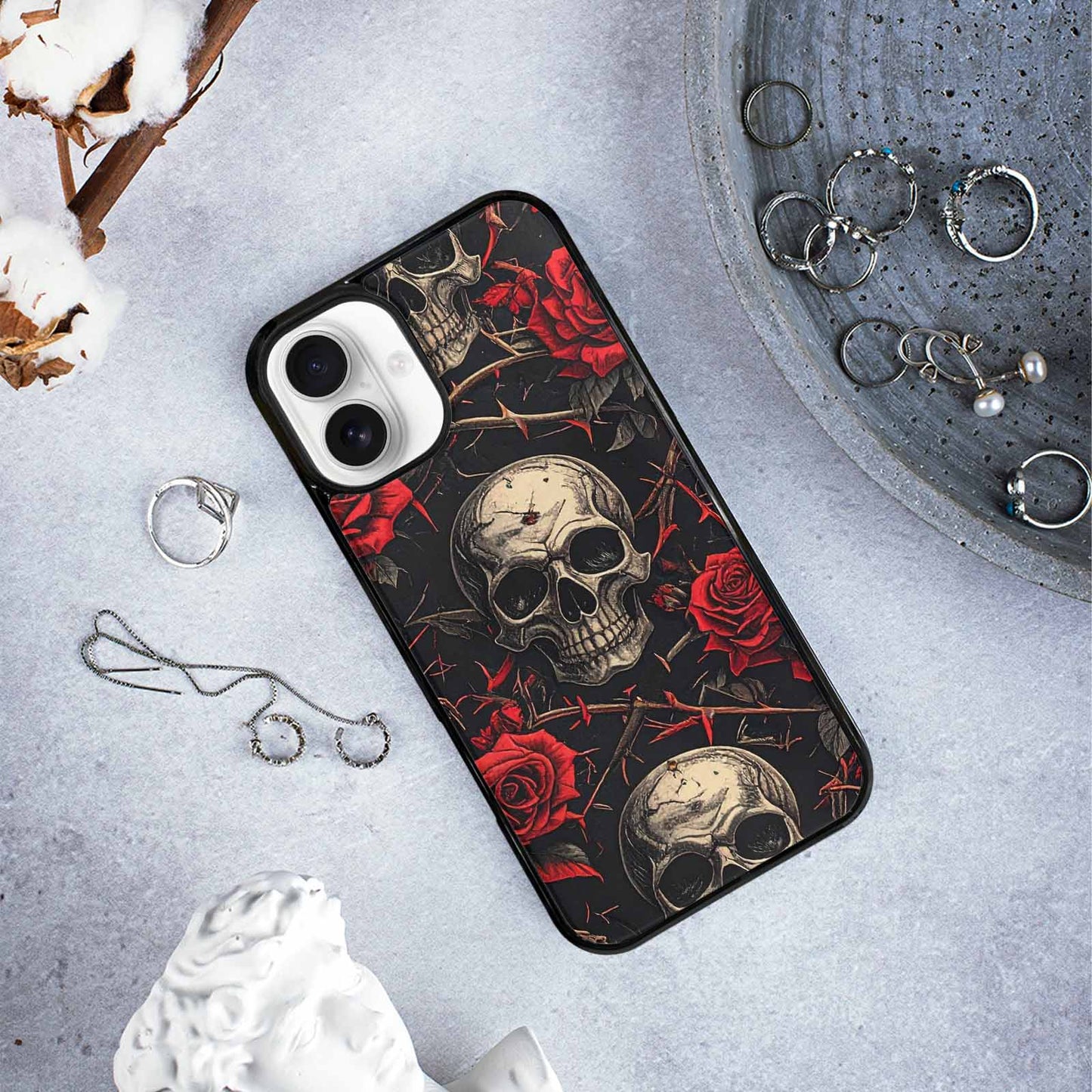 iPhone 16 Plus Case — Gothic Skulls Roses, Custom Printed Phone Case