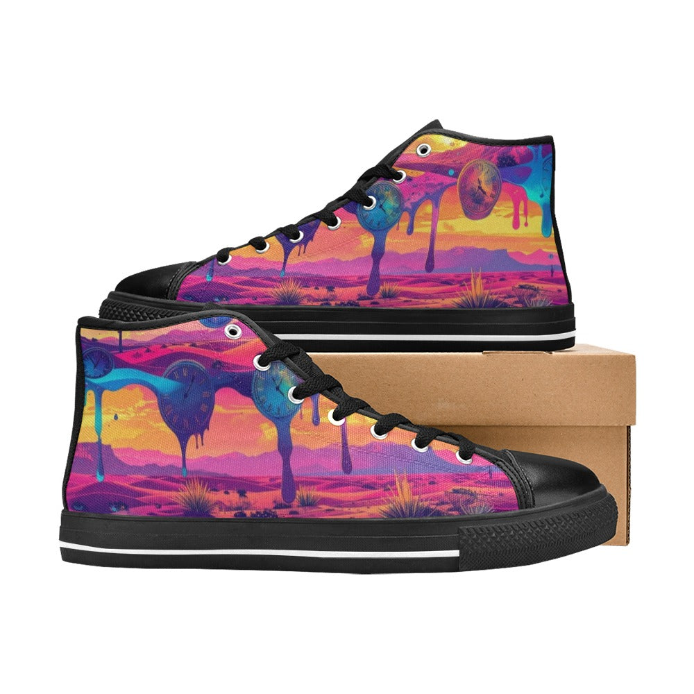 KIDS' Surrealist Dreamscape Pattern, Melting High Top Canvas Vibrant Chaos Custom Shoes