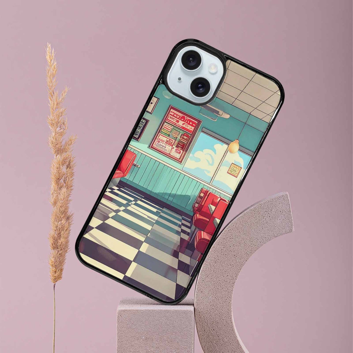 iPhone 15 Plus Case — 1950s Diner Cartoon Art Pattern, Custom Printed Phone Case
