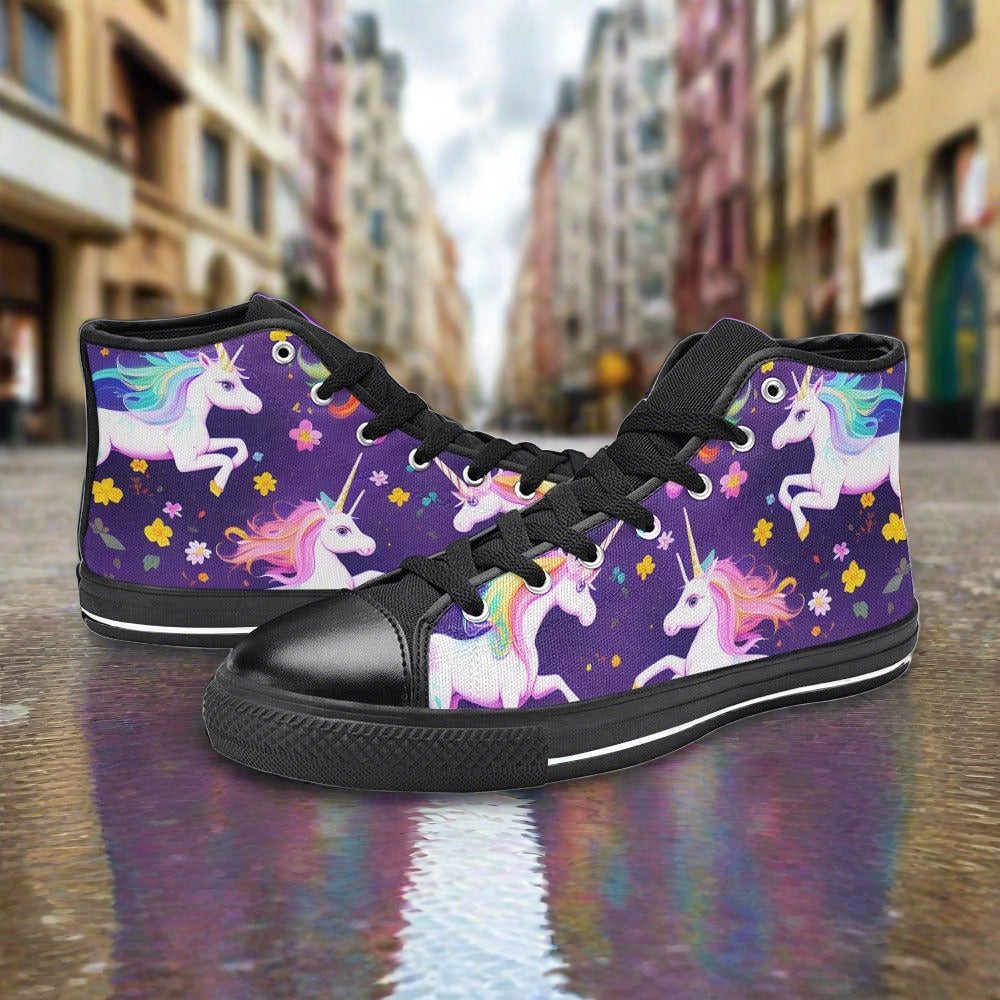 Men's Unicorns Please hand-made high-top canvas shoes — unique wearable art by Freaky Shoes