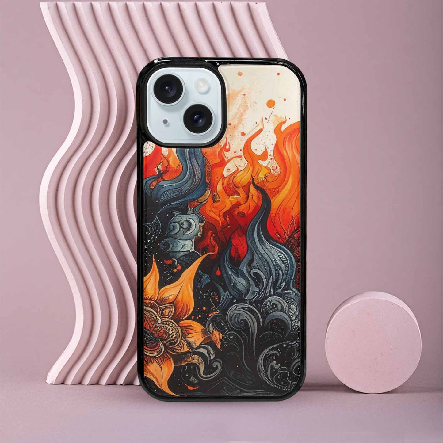 iPhone 15 Case — Flame Burst Black Red Ink Flame, Custom Art Phone Cover