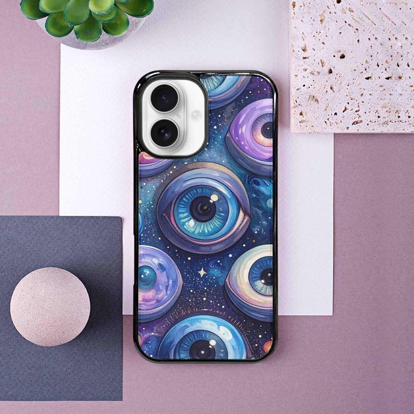 iPhone 16 Case — Cartoon Eyeballs Galaxy Personalized Phone Cover, Customized Protective Case