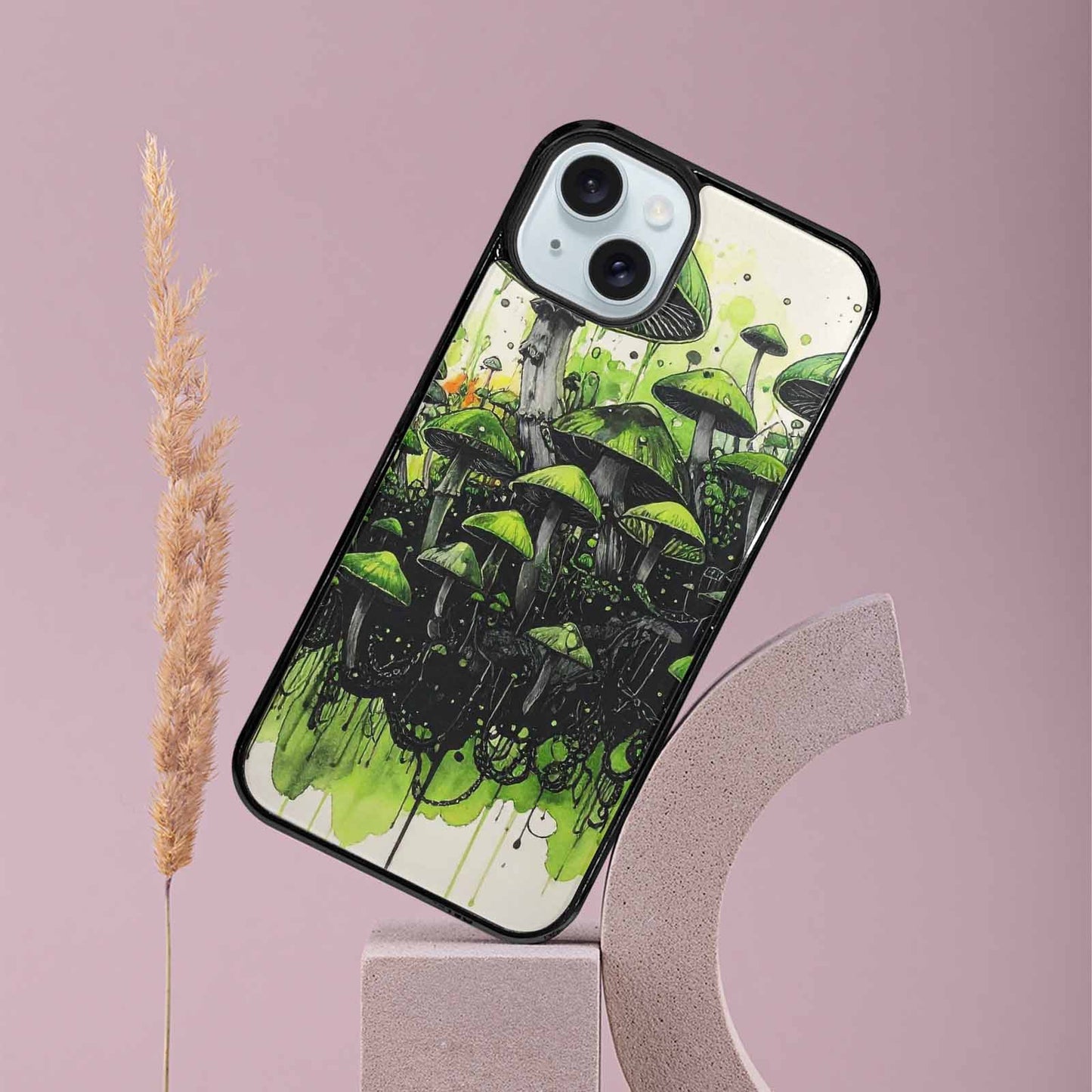iPhone 15 Plus Case — Rainbow Drip Mushrooms Black Green Ink, Unique Phone Case Design