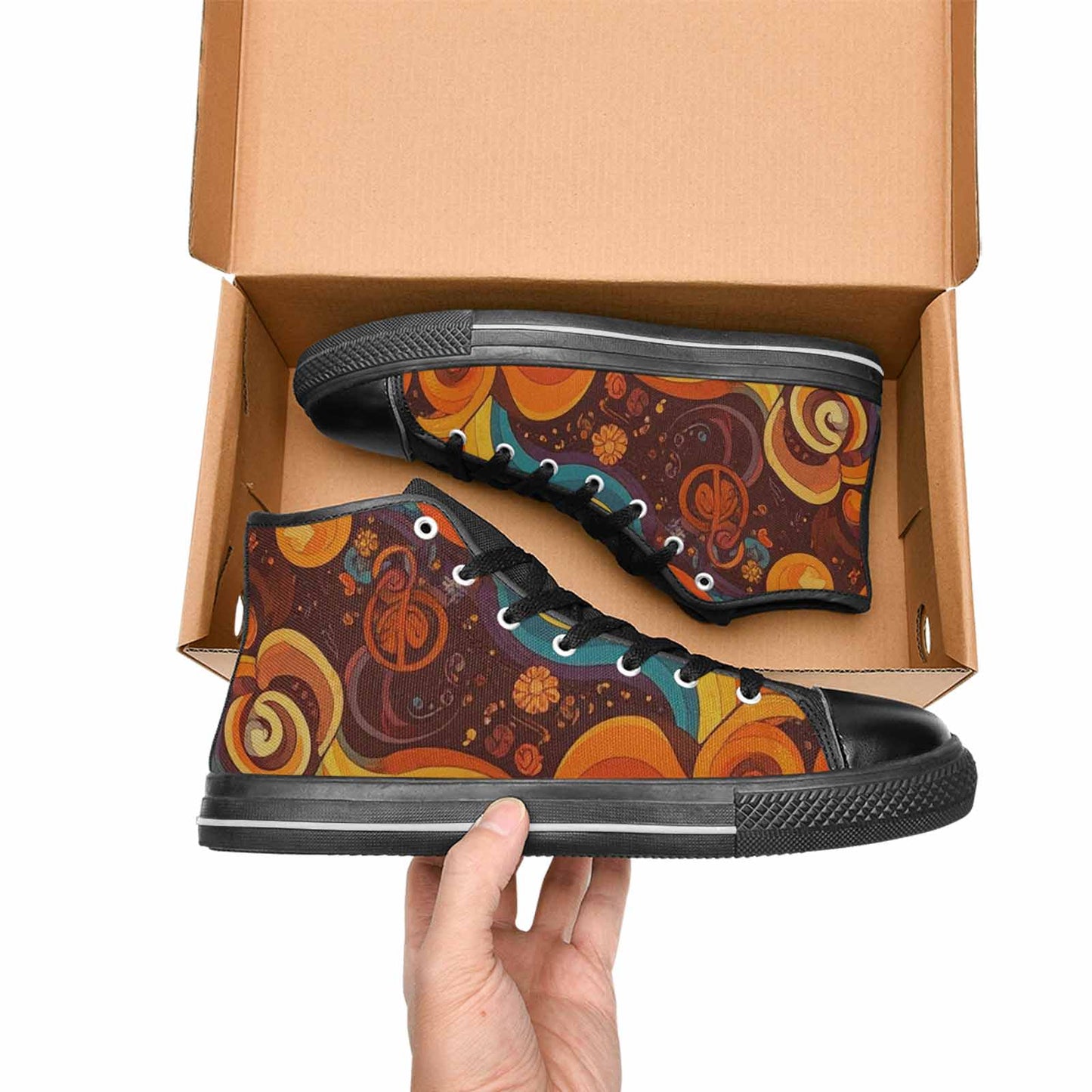 WOMEN'S Groovy 70S Peace High Top Canvas Vibrant Chaos Sneakers
