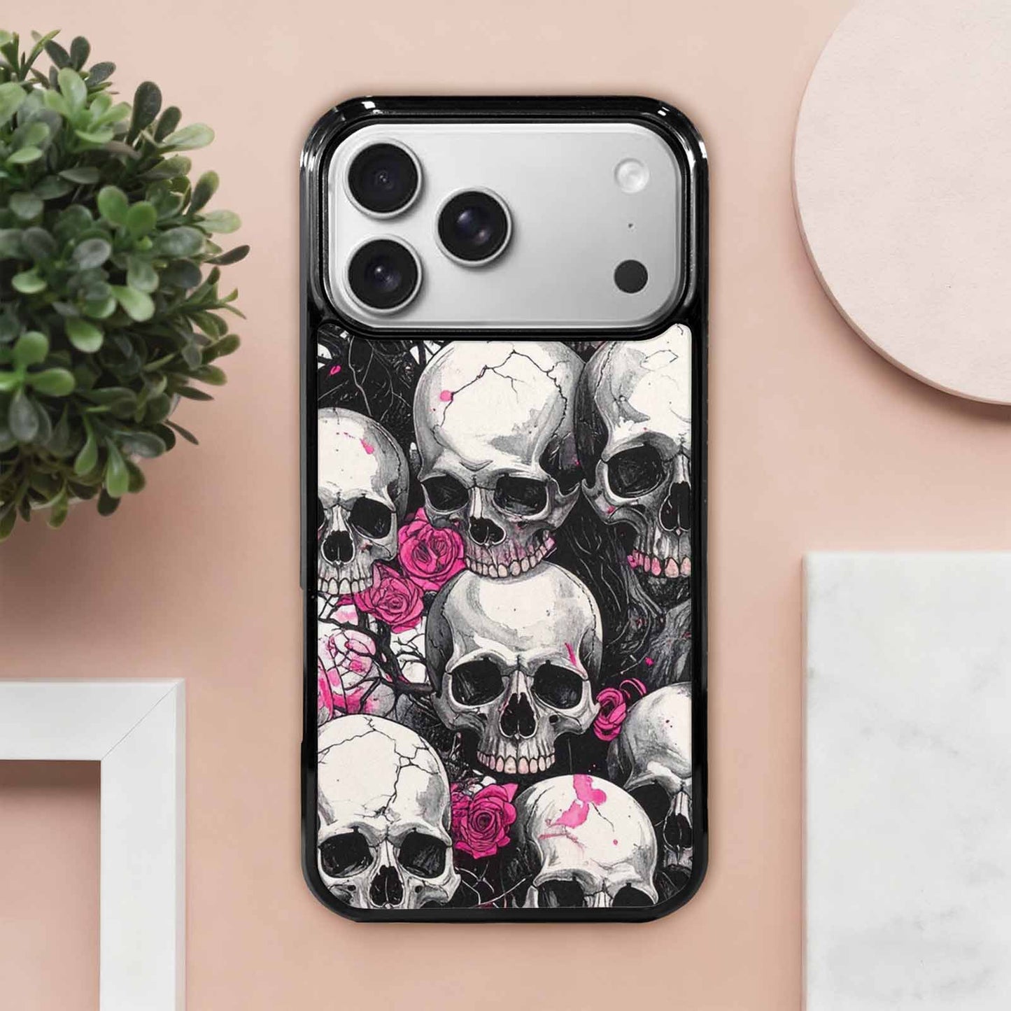 iPhone 17 Pro Max Case — Black & Pink Ink Gothic Skulls, Custom Phone Case