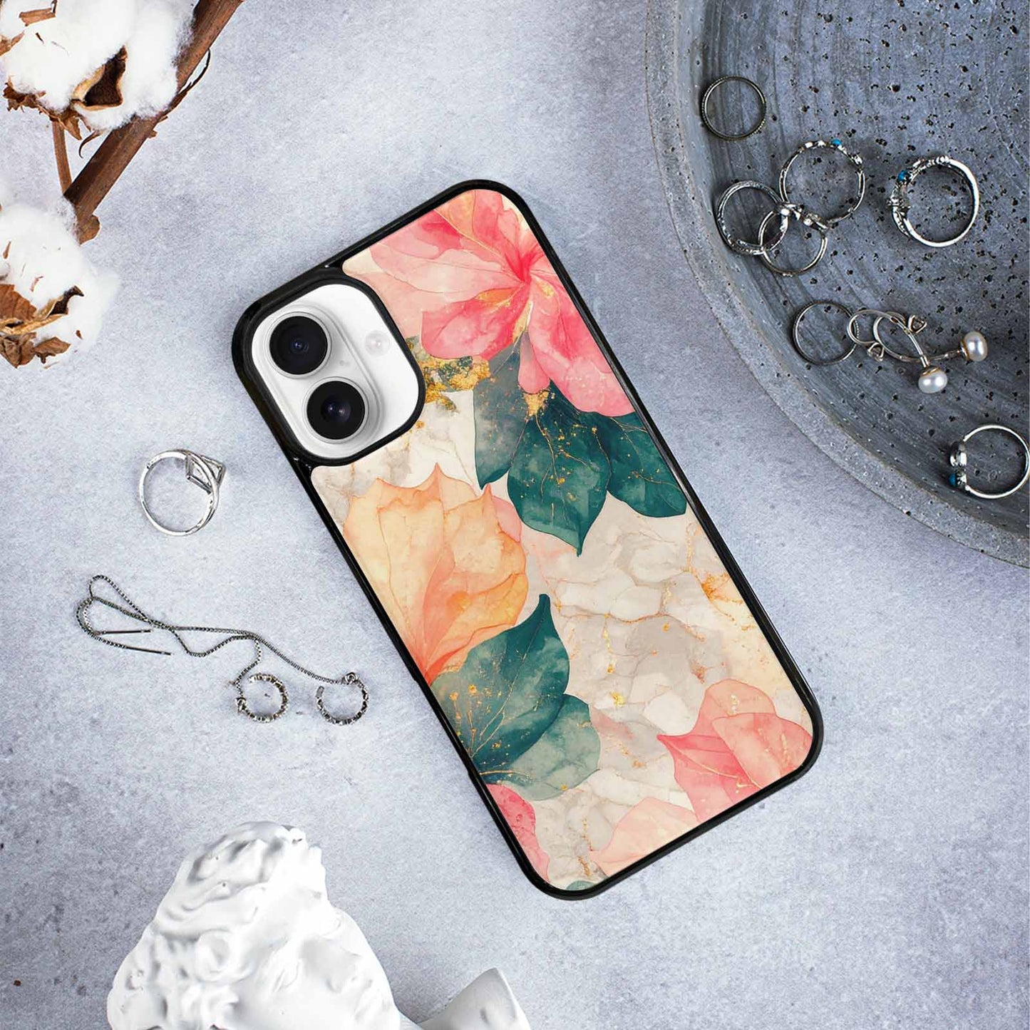 iPhone 16 Plus Case — Marble Floral, Personalized Phone Case
