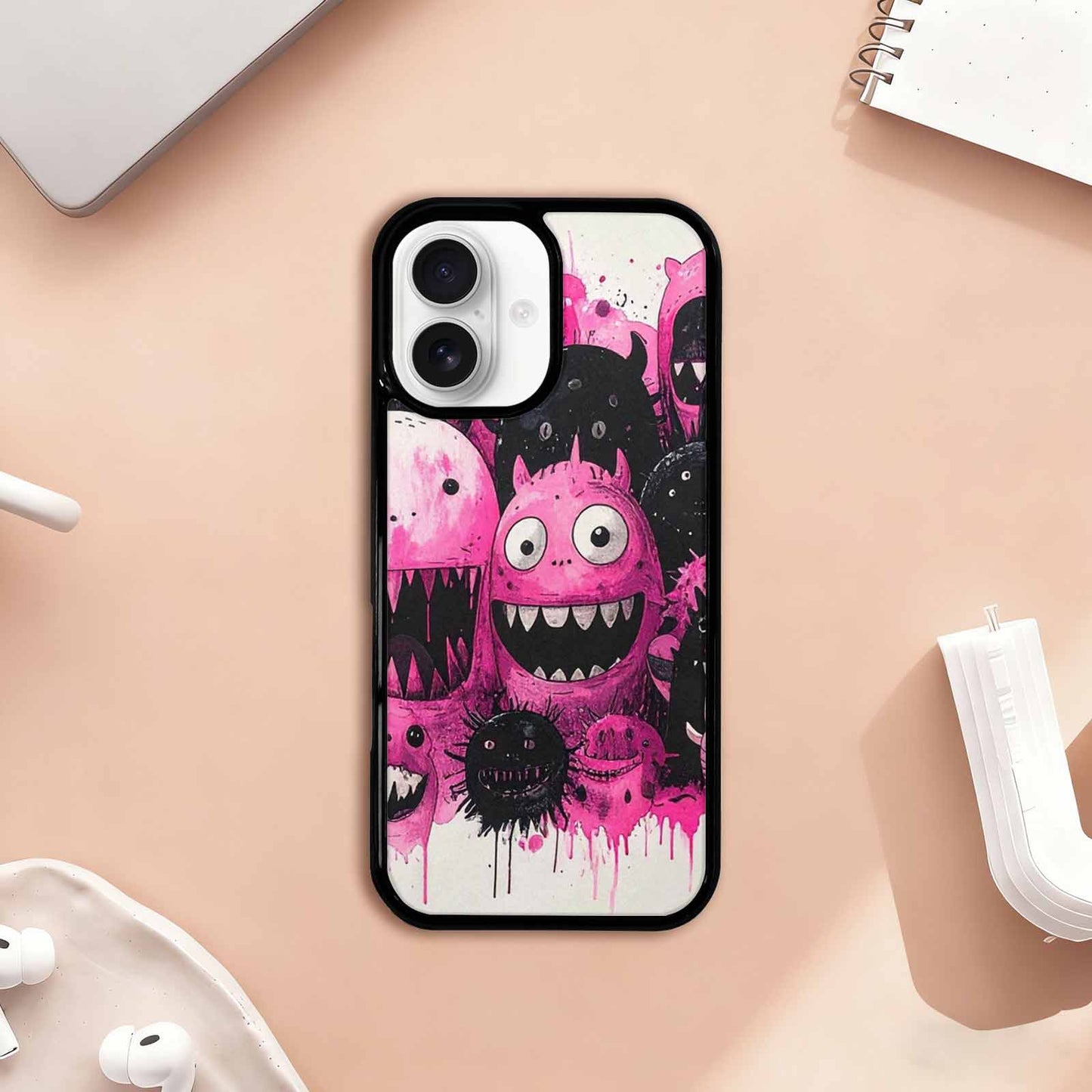 iPhone 17 Case — Black & Pink Ink Cartoon Cute, Custom Printed Phone Case