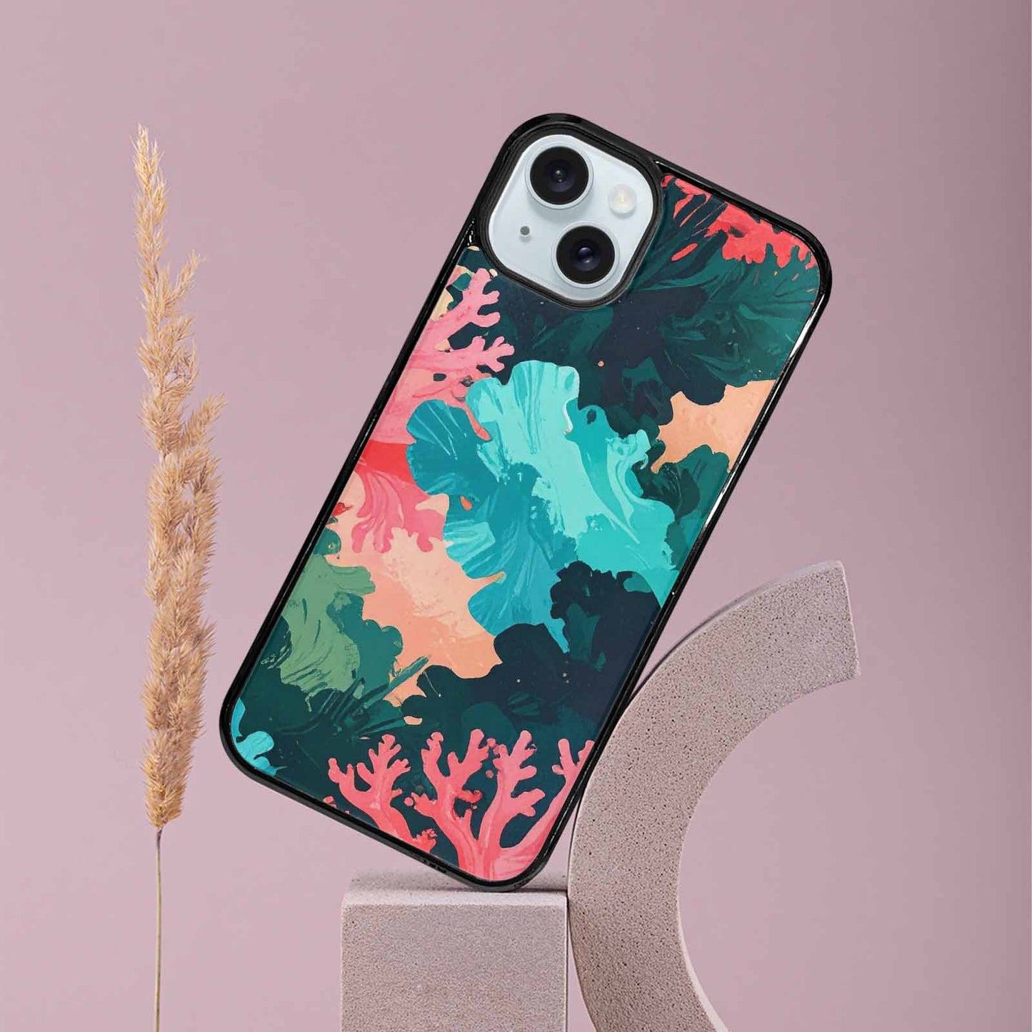 iPhone 15 Plus Case — Camo Coral Turquoise, Original Design Phone Case