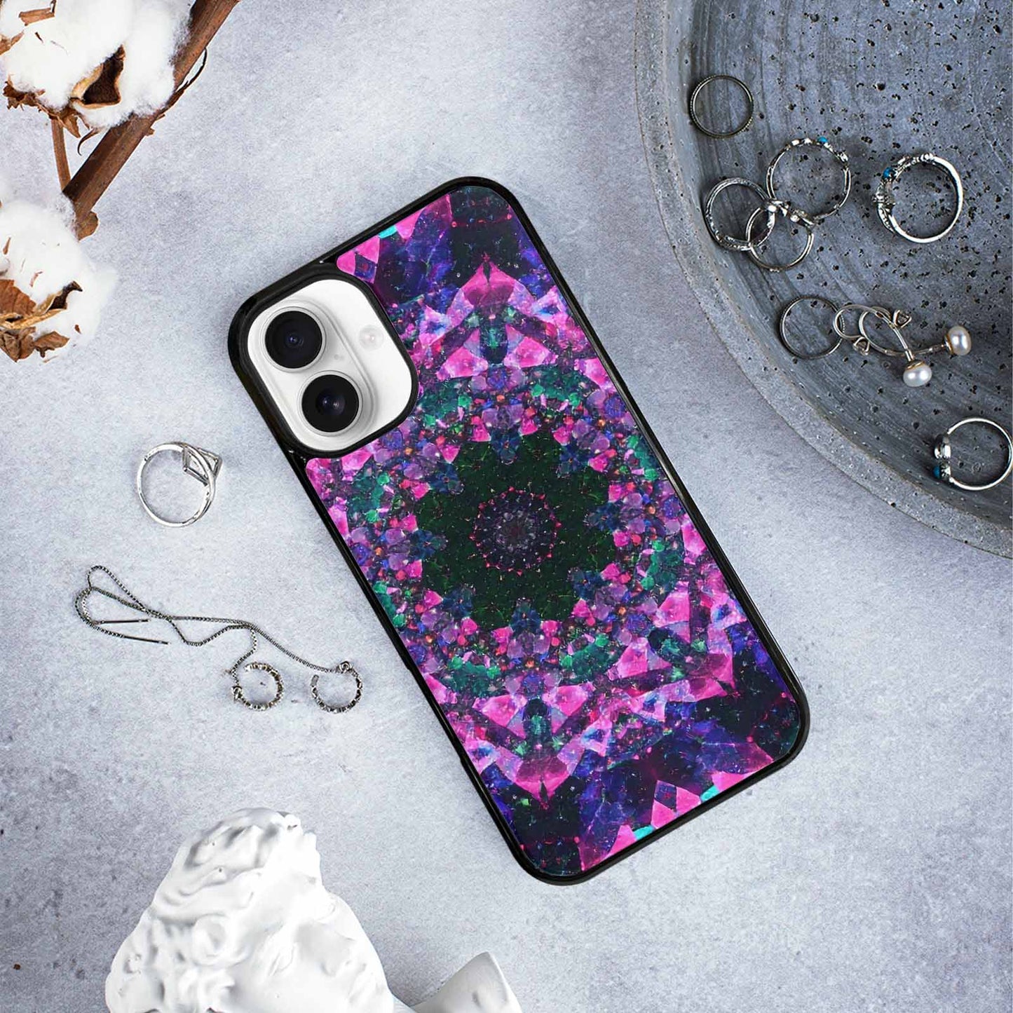 iPhone 16 Plus Case — Crystal Mandala Art Seamless Pattern Vibrant, Unique Phone Case Design
