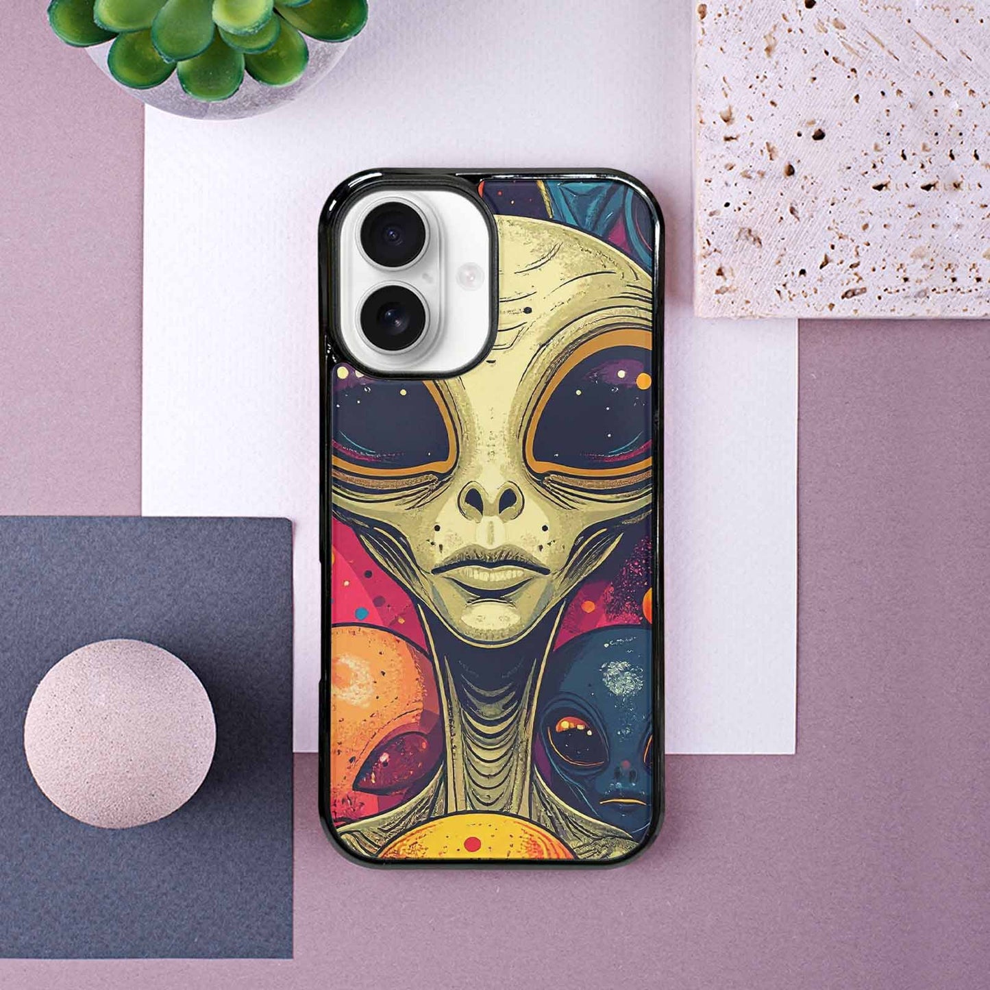 iPhone 16 Case — Alien Ufo Cartoon Art Pattern Groovy, Custom Made Phone Cover