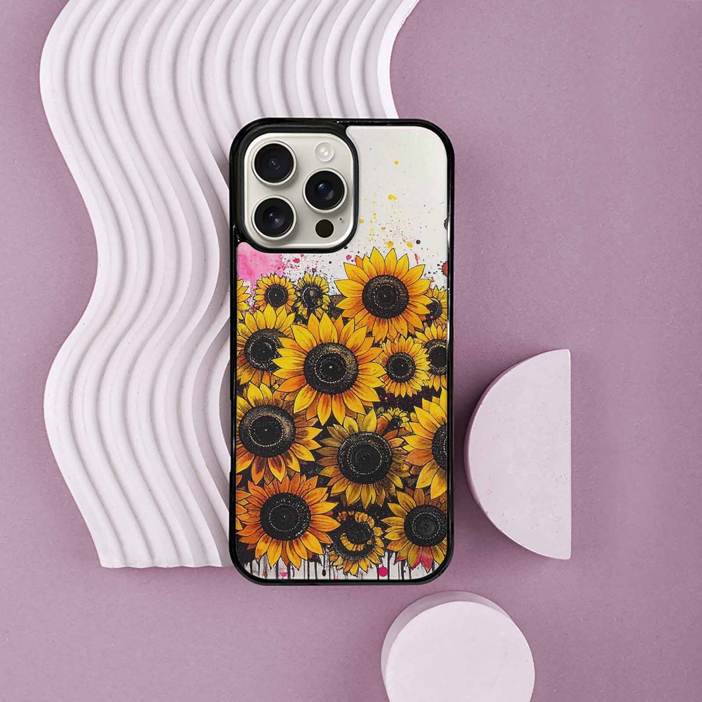 iPhone 16 Pro Max Case — Sunflower Burst Black Pink Ink Sunflowers, Custom Made Phone Cover