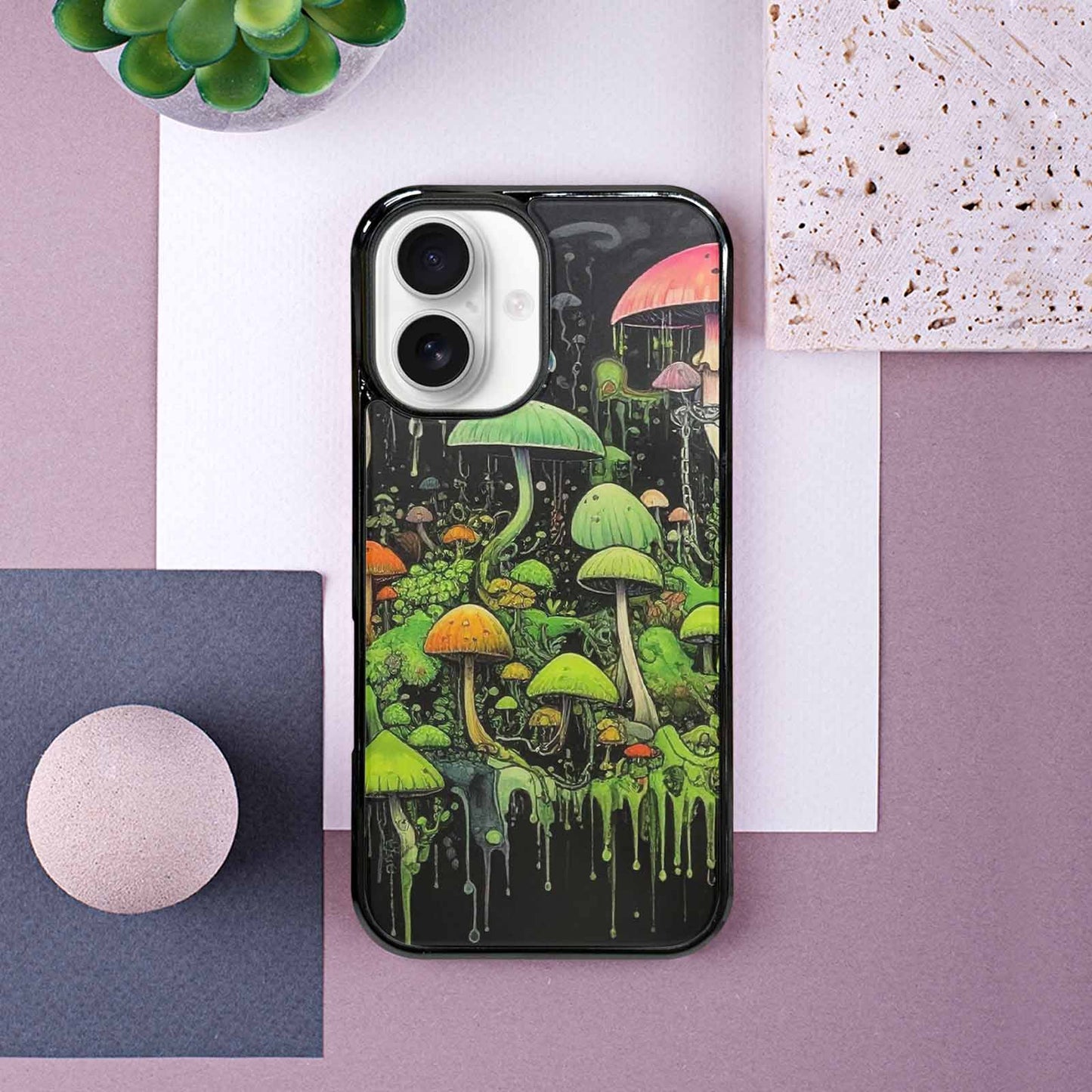 iPhone 16 Case — Rainbow Drip Mushrooms Black Green Ink, Original Design Phone Case