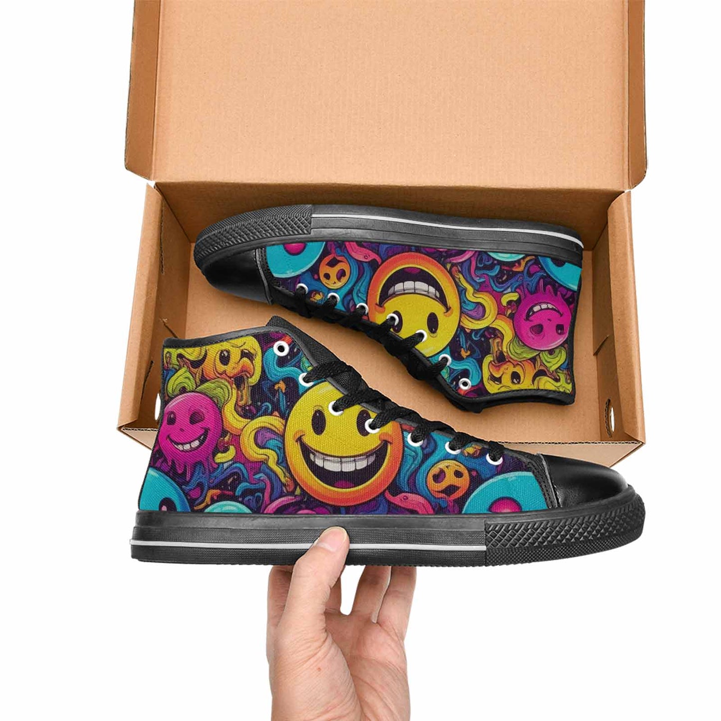 MEN'S Yellow Smiley Face High Top Canvas Neon Fantasy Custom Shoes