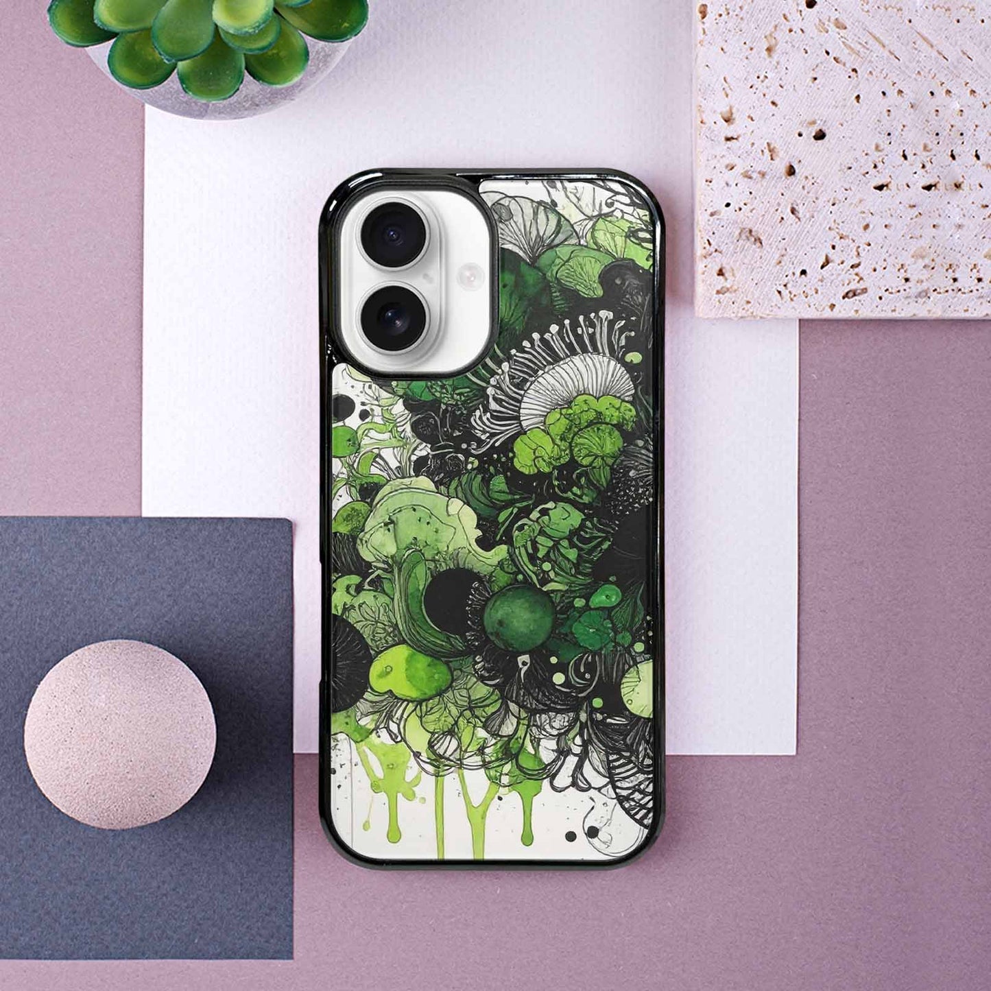 iPhone 16 Case — Sea Creature Burst Black Green Ink, Original Design Phone Case