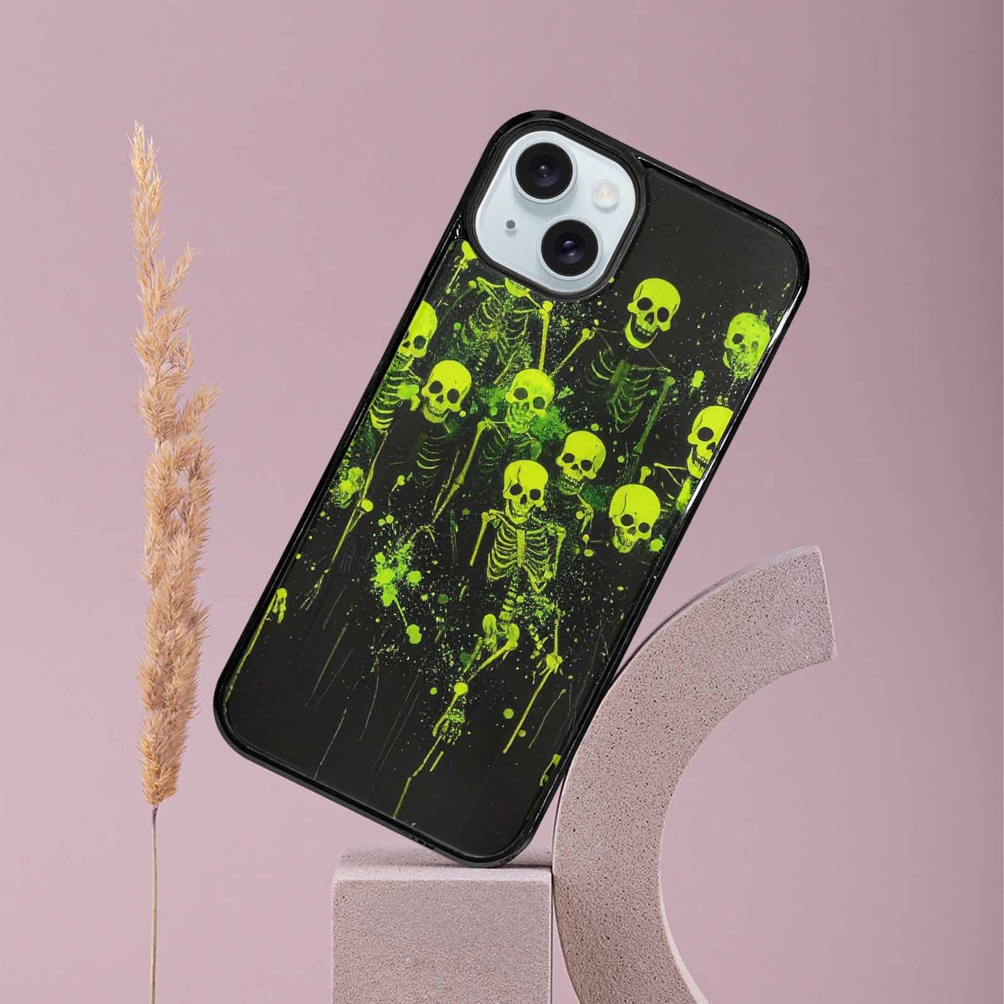 iPhone 15 Plus Case — Skeletons Neon Green Glow Skeletons Pattern, Personalized Phone Case