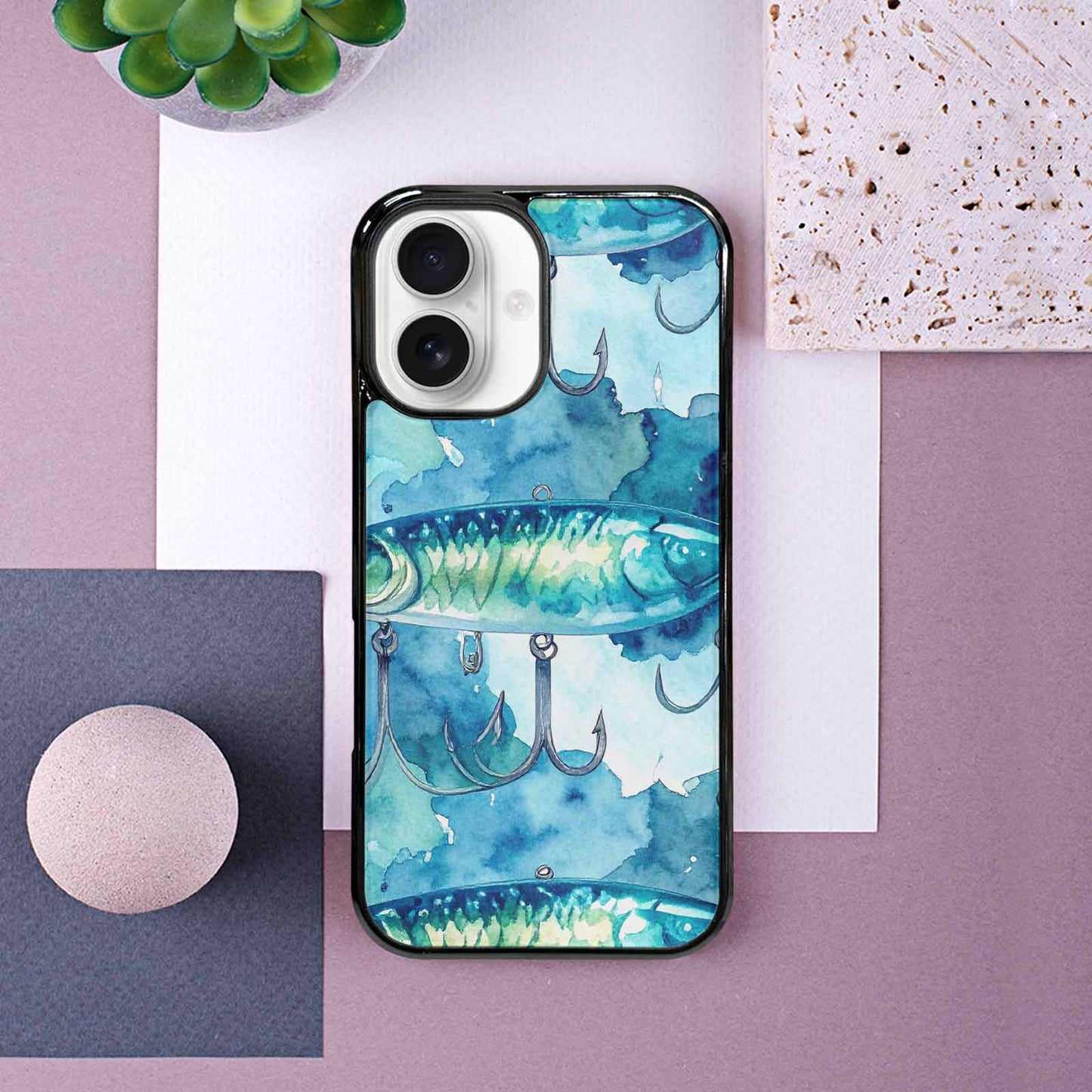 iPhone 16 Case — Fishing Lure And Hook Pattern Seamless, Original Design Phone Case