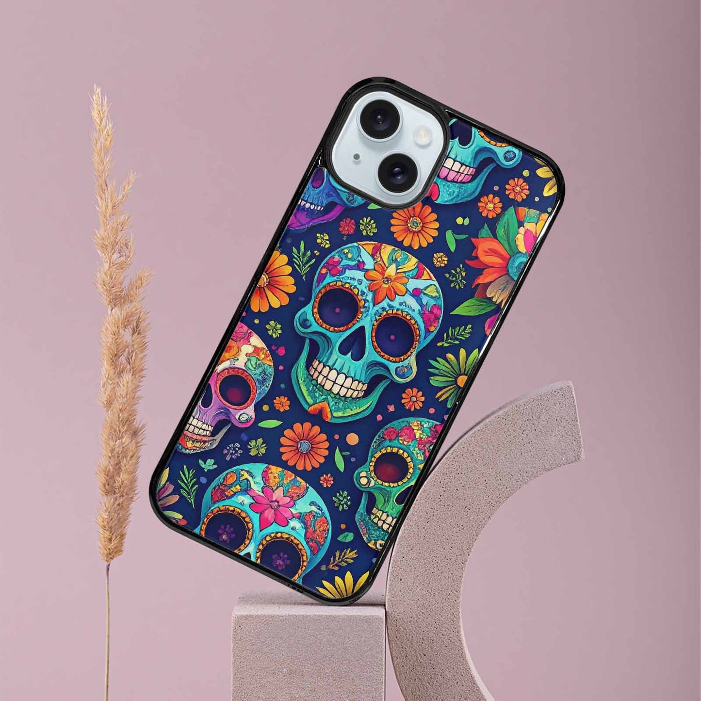 iPhone 15 Plus Case — Rainbow Sugar Skull Weave, Custom Printed Phone Case