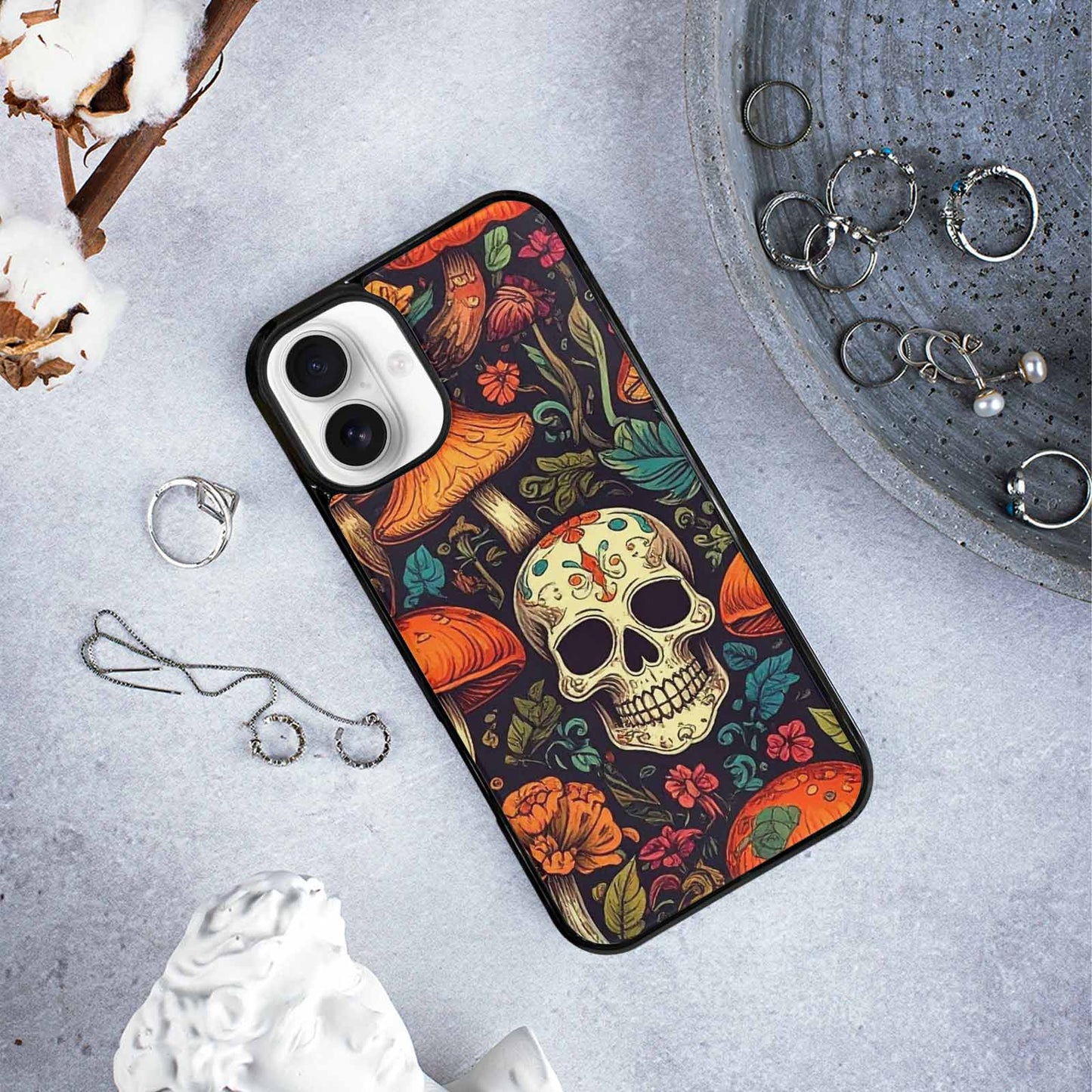 iPhone 16 Plus Case — Mushrooms And Skulls, Custom Art Phone Cover