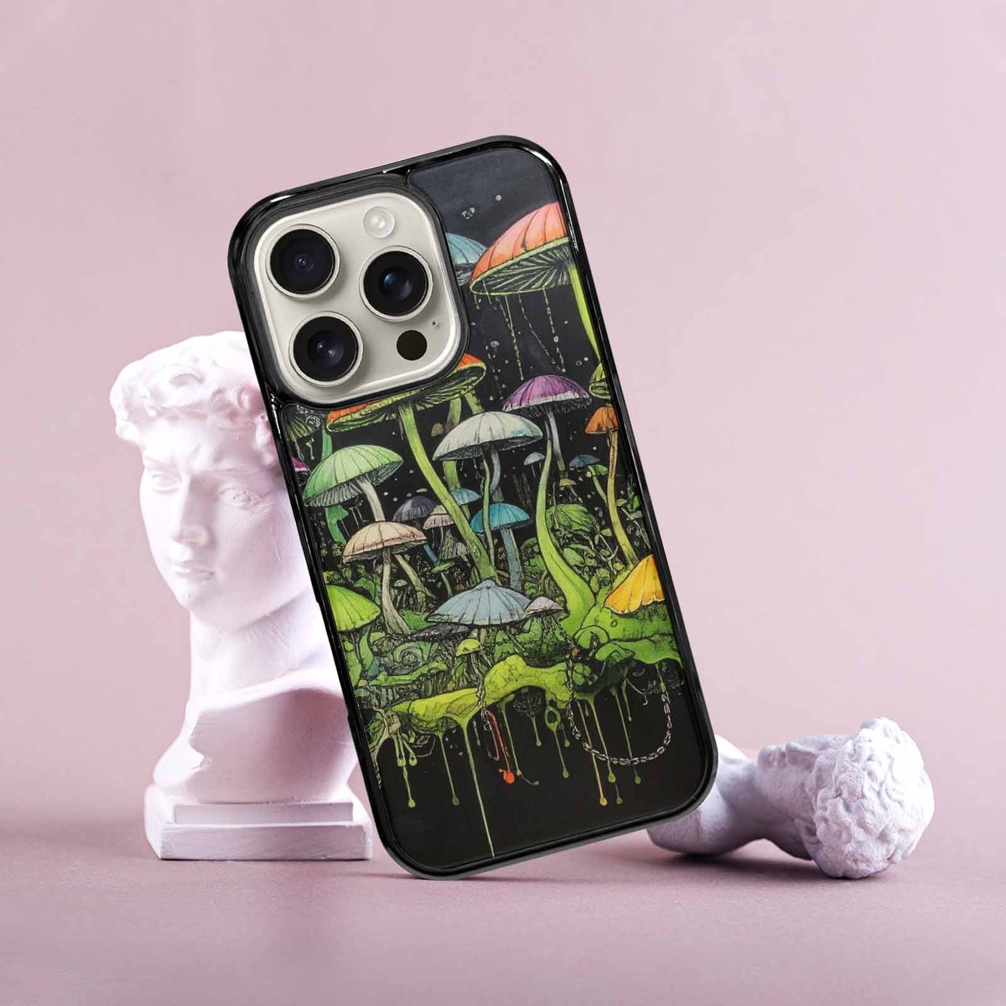 iPhone 16 Pro Case — Rainbow Drip Mushrooms Black Green Ink, Customized Protective Case