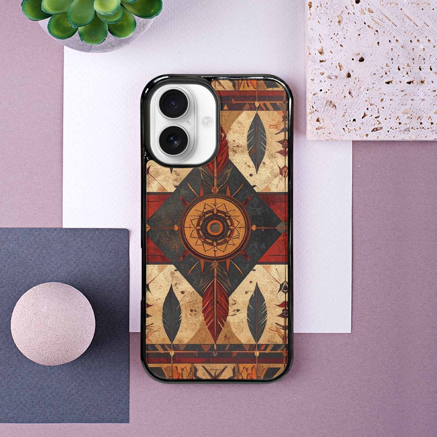 iPhone 16 Case — Native American Geometric Pattern Arrows Feathers, Custom Print Case Cover