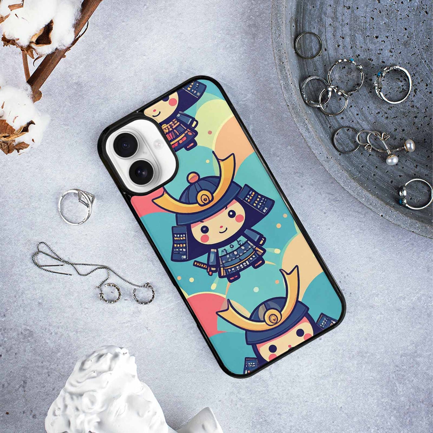 iPhone 16 Plus Case — Samurai Cartoon Art Repeat Pattern, Custom Made Phone Cover