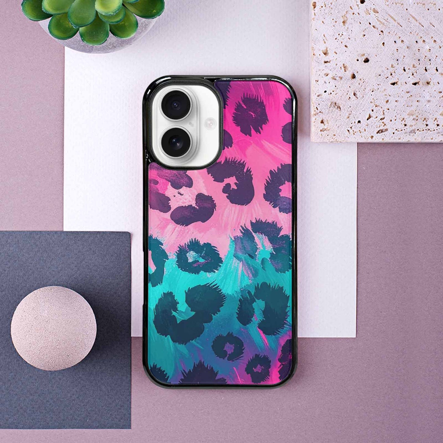 iPhone 16 Case — Leopard Neon Pink Teal Airbrush, Custom Designed Case Cover