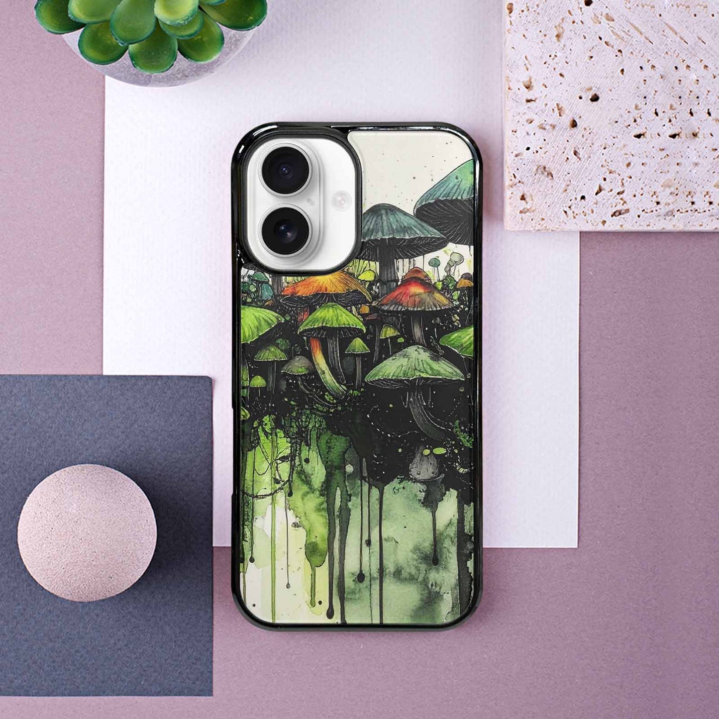 iPhone 16 Case — Rainbow Drip Mushrooms Black Green Ink, Custom Printed Phone Case