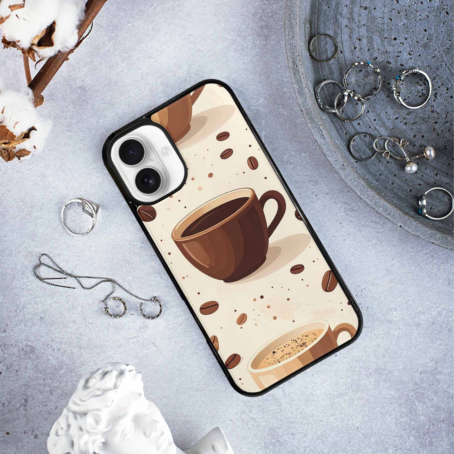 iPhone 16 Plus Case — Coffee Cup And Bean Pattern Seamless, Custom Printed Phone Case