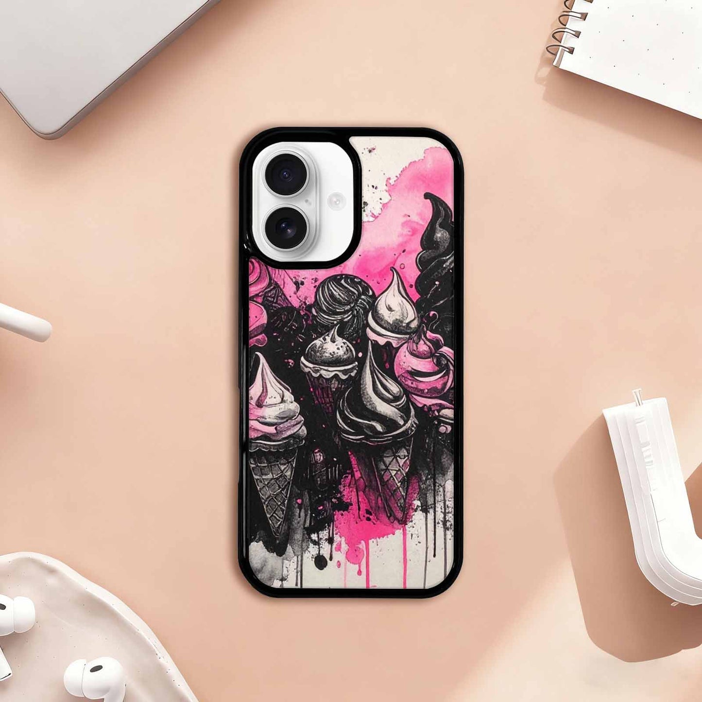 iPhone 17 Case — Black & Pink Ink Original Art, Customized Protective Case