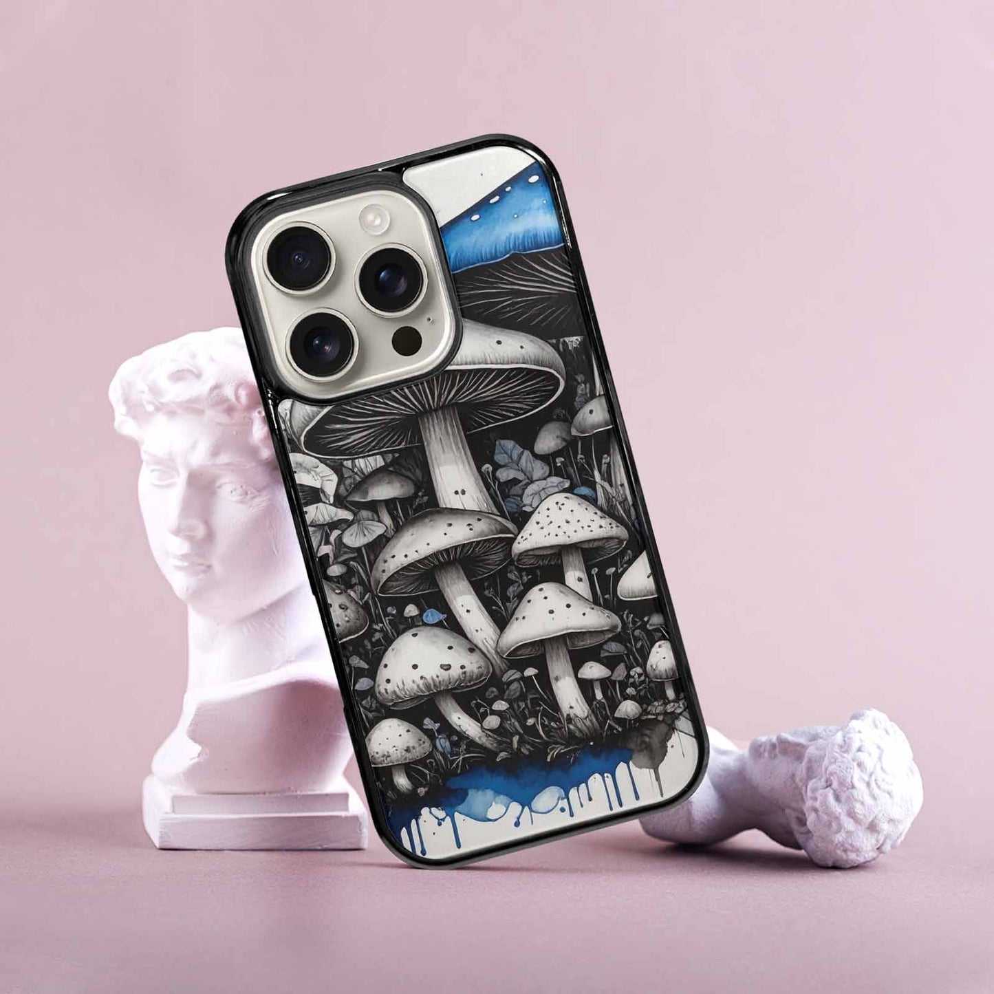 iPhone 16 Pro Case — Mushrooms General Black Blue Ink Mushrooms, Custom Print Case Cover
