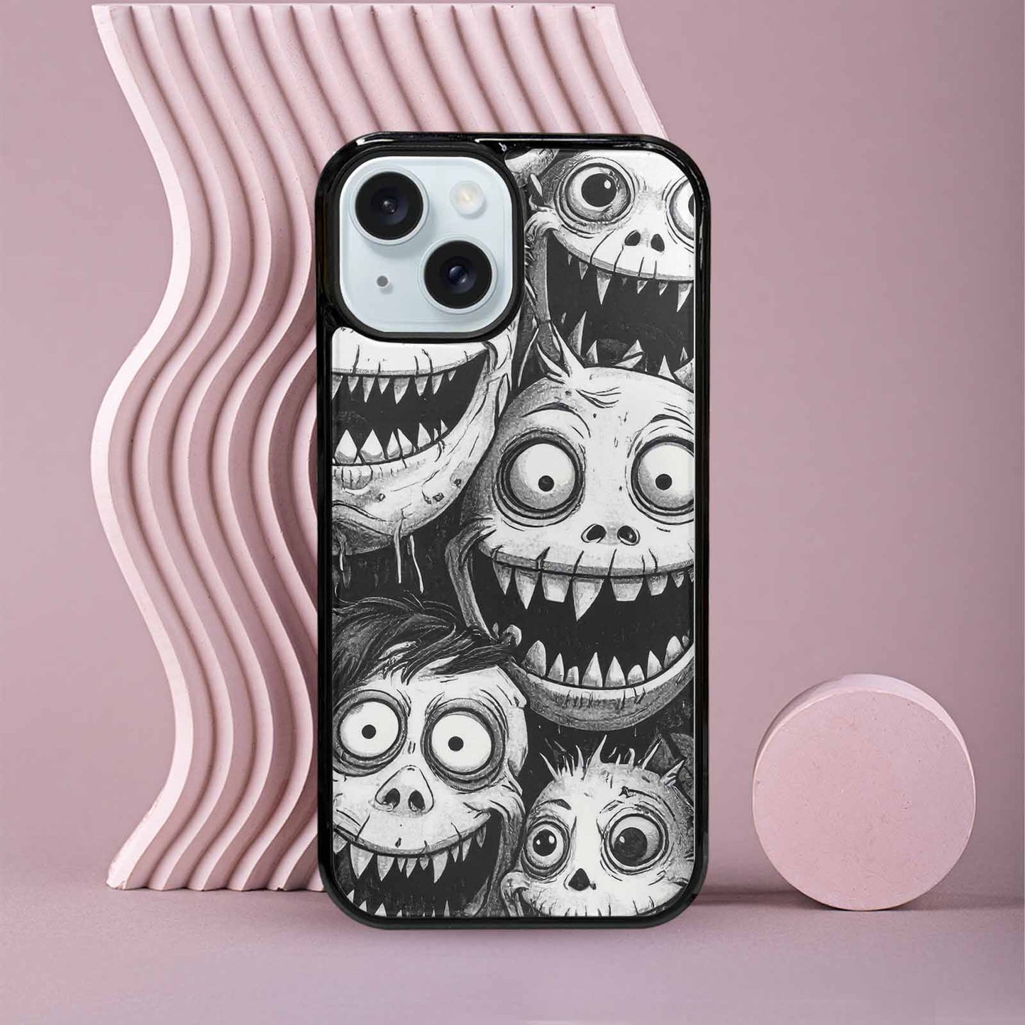 iPhone 15 Case — Black And White Monster Face Collage, Custom Phone Case