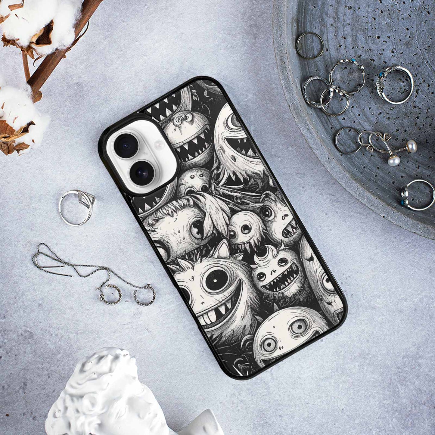 iPhone 16 Plus Case — Black And White Monster Face Collage, Custom Designed Case Cover
