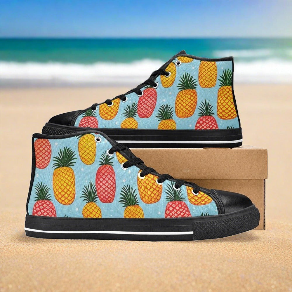Women's Pineapples Please hand-made high-top canvas shoes — unique wearable art by Freaky Shoes