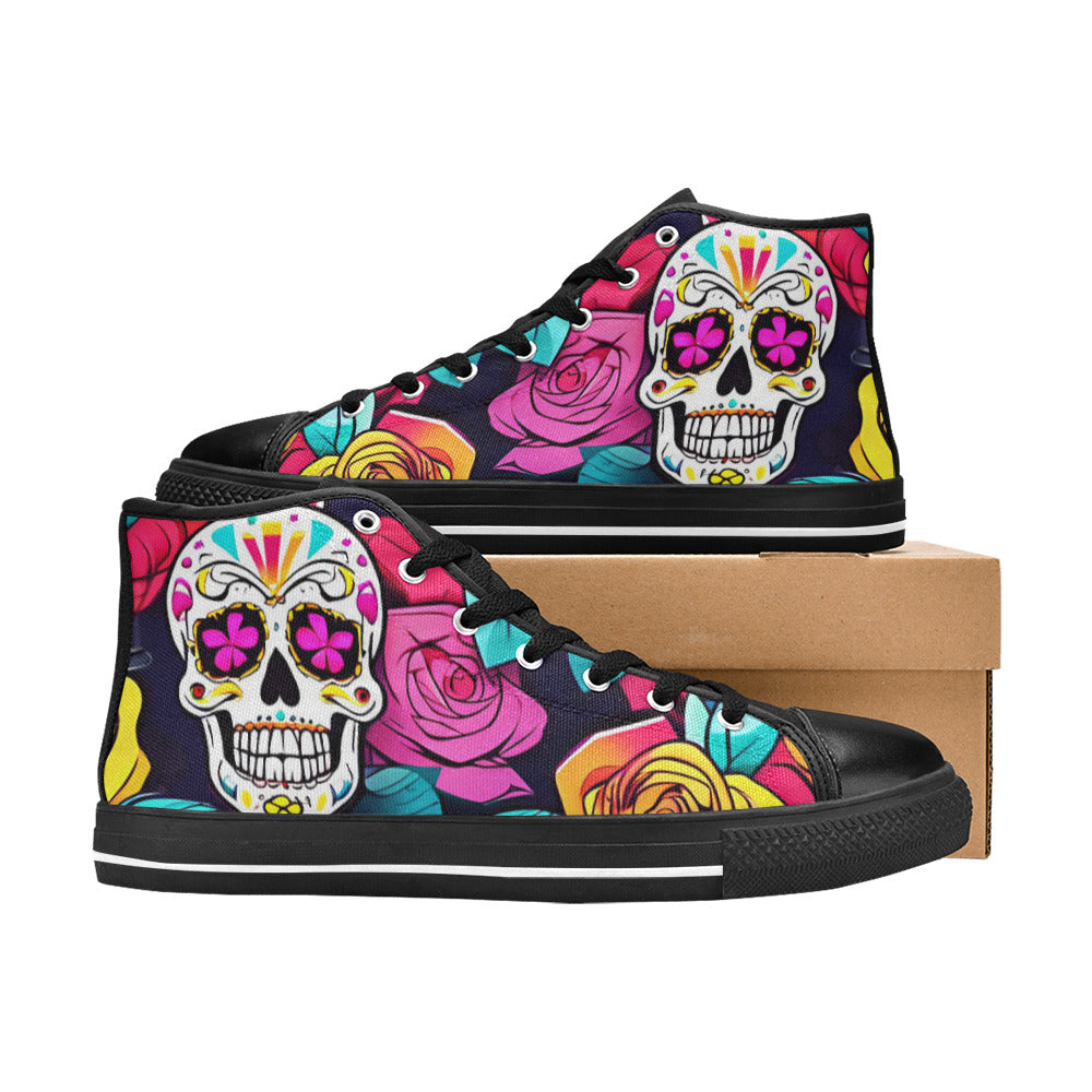 MEN'S Colorful Sugar Skull Roses High Top Canvas Neon Fantasy Sneakers