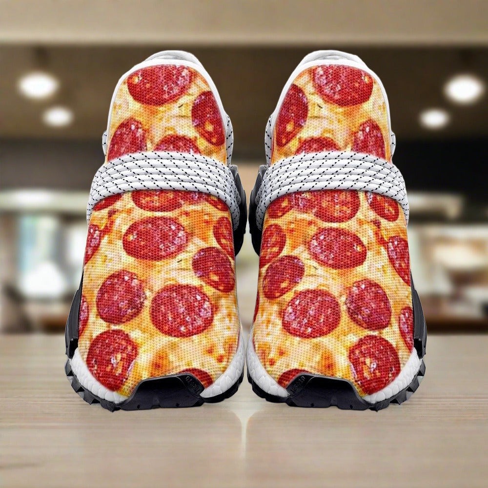 Pepperoni Pizza hand-made high-top canvas shoes — unique wearable art by Freaky Shoes
