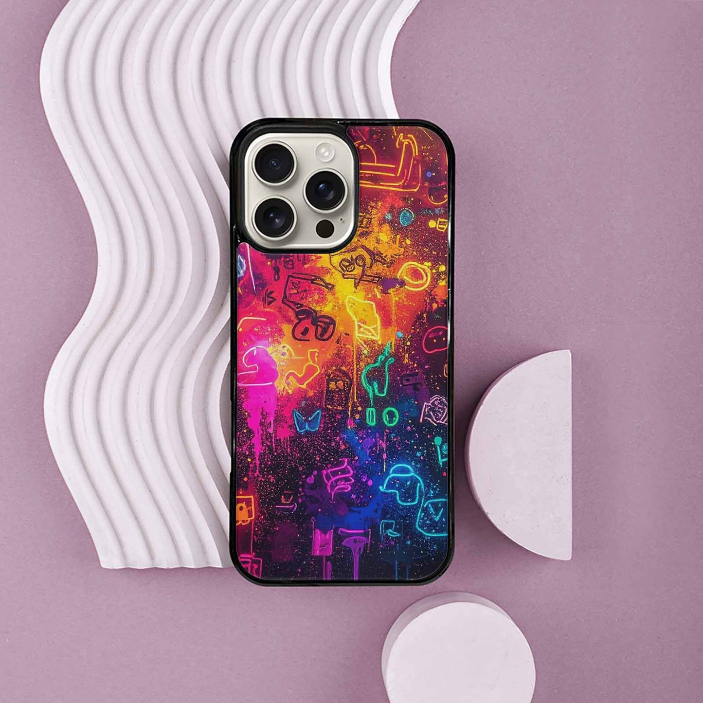 iPhone 16 Pro Max Case — Neon Glow Outline Icon Pattern Hundreds, Custom Print Case Cover