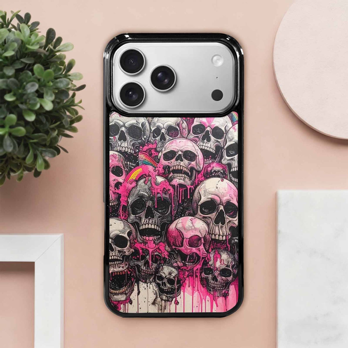 iPhone 17 Pro Max Case — Black & Pink Ink Gothic Skulls, Custom Art Phone Cover