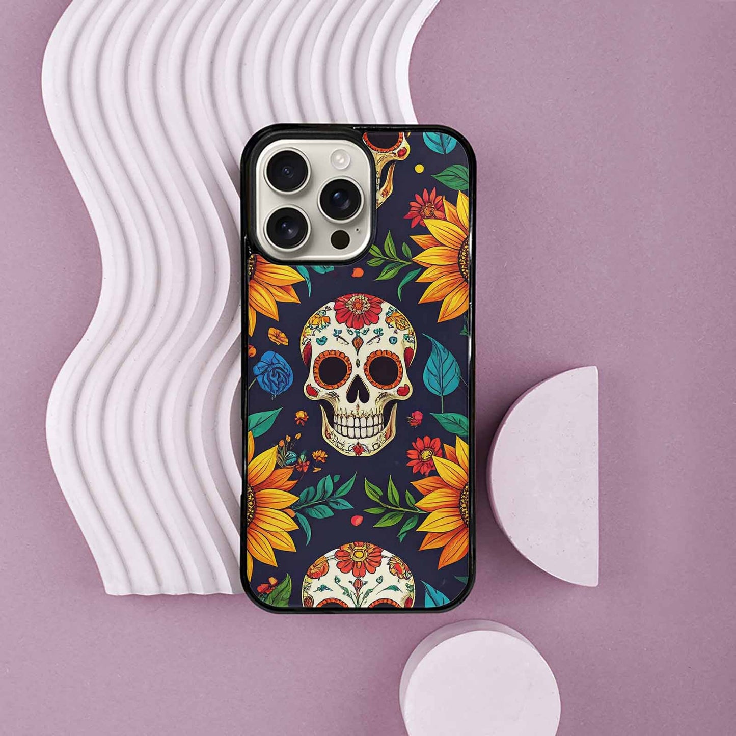iPhone 16 Pro Max Case — Sunflowers Hundreds Of Skulls Art Seamless, Customized Protective Case