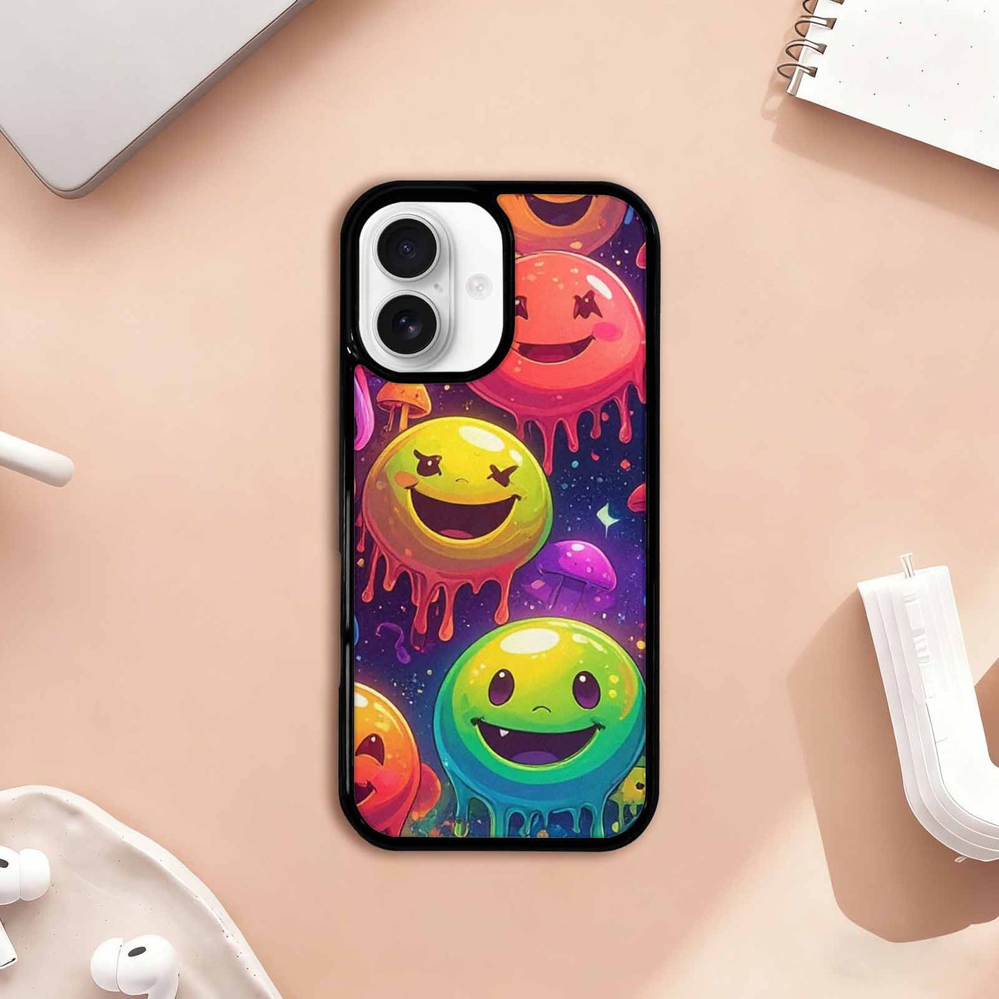 iPhone 17 Case — Melting Rainbow Smiley Faces Original Art, Custom Phone Case