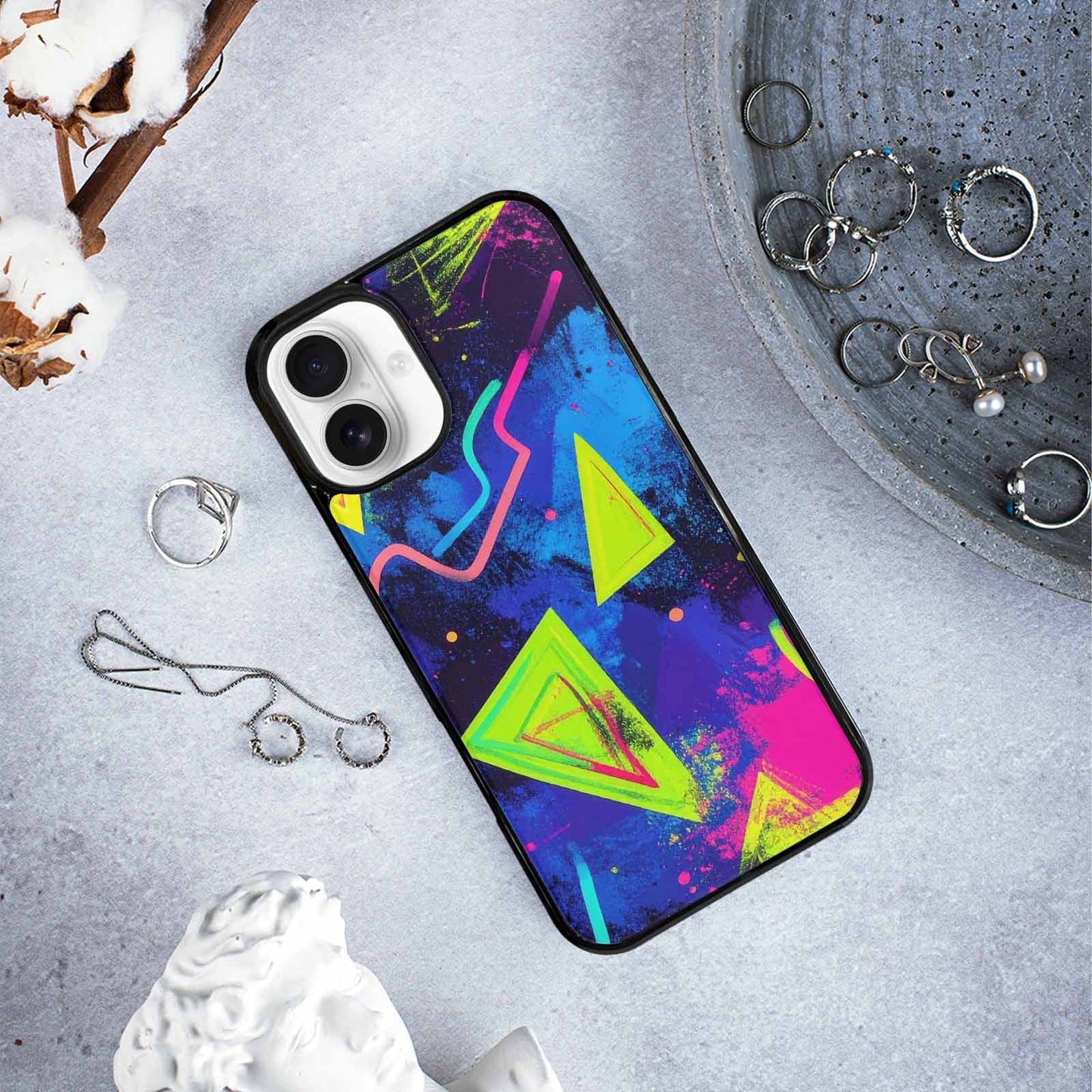 iPhone 16 Plus Case — Memphis Squiggles Triangles Dots, Custom Made Phone Cover