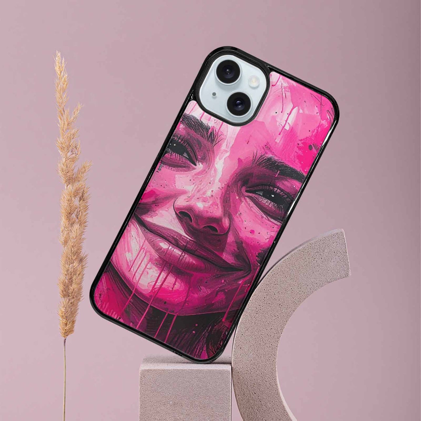 iPhone 15 Plus Case — Melting Moon Smiley Black Pink Ink, Custom Made Phone Cover