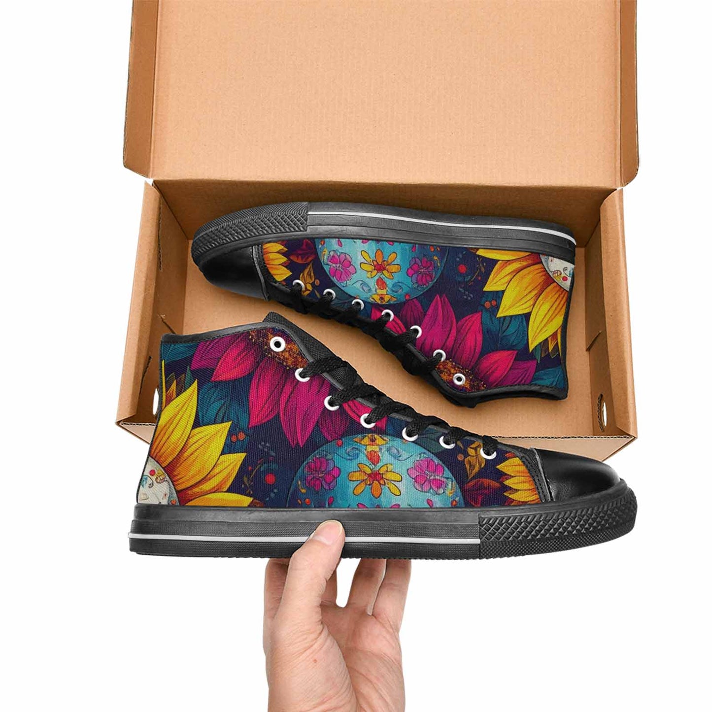MEN'S Sunflower Skulls Print High Top Canvas Dreamcore Custom Shoes