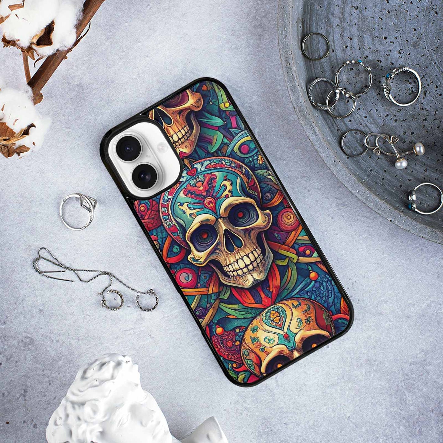 iPhone 16 Plus Case — Sacred Geometry Lots Of Skulls Seamless, Personalized Phone Case