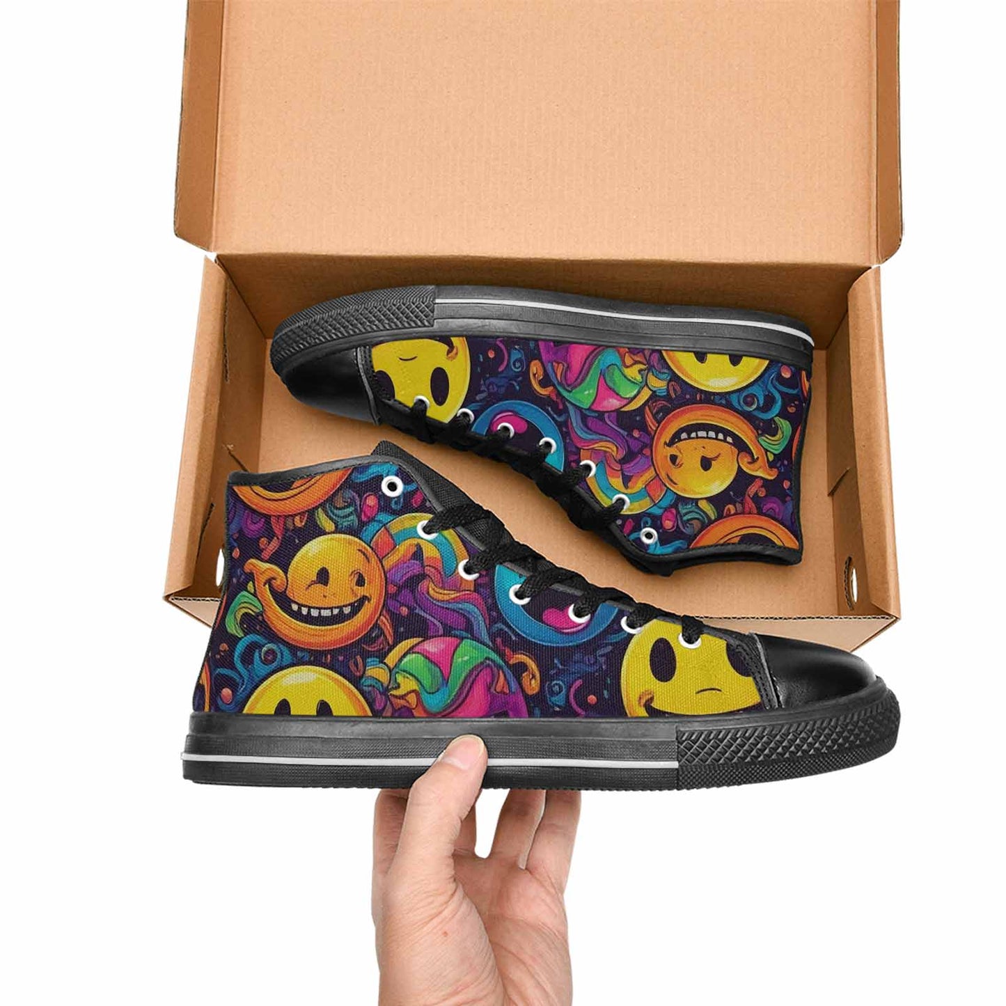 MEN'S Yellow Smiley Face High Top Canvas Grunge Sneakers