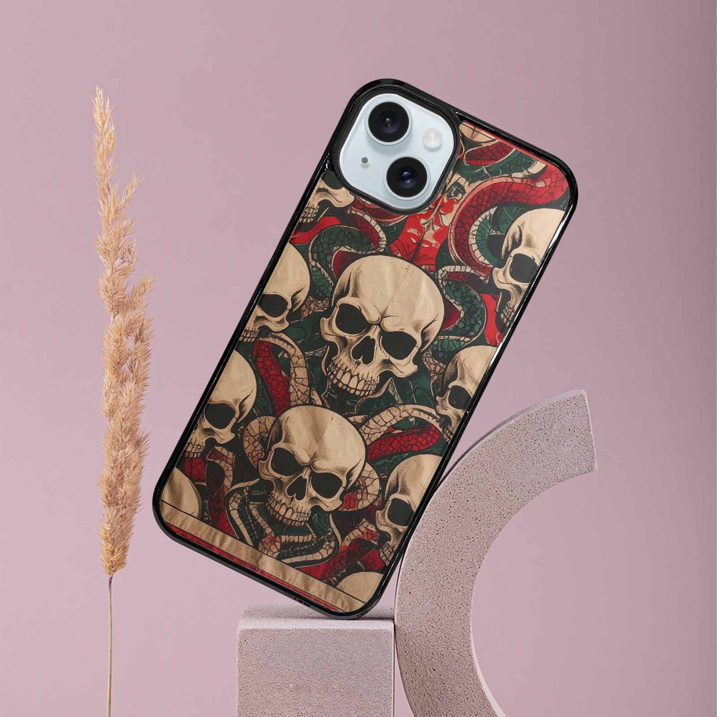 iPhone 15 Plus Case — Traditional Tattoo Style Skulls Entwined With, Custom Art Phone Cover
