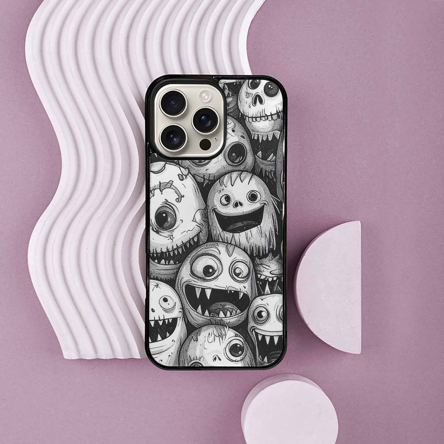 iPhone 16 Pro Max Case — Black And White Monster Face Collage, Custom Designed Case Cover